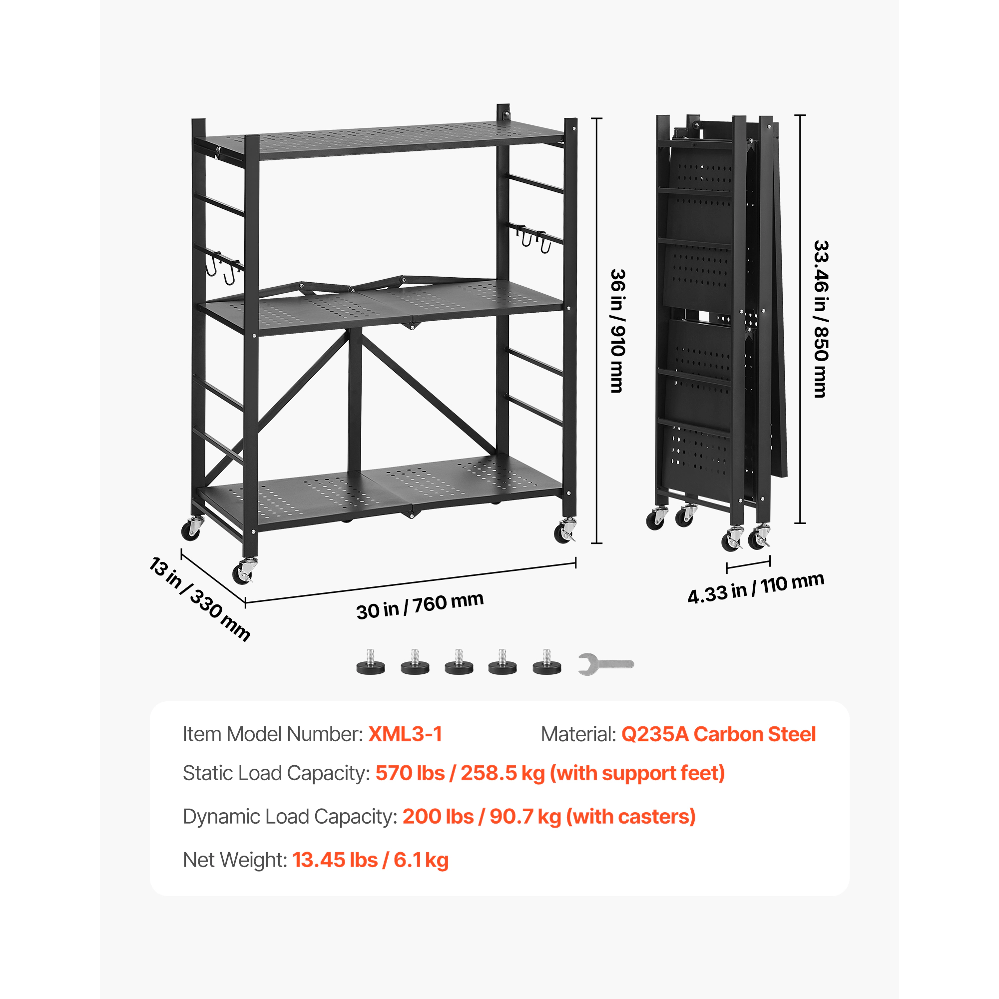 HONGGE Foldable Storage Shelf Folding Metal Rack Shelving Unit No Assembly Organizer Shelf with 5 Wheels & 4 Hooks for