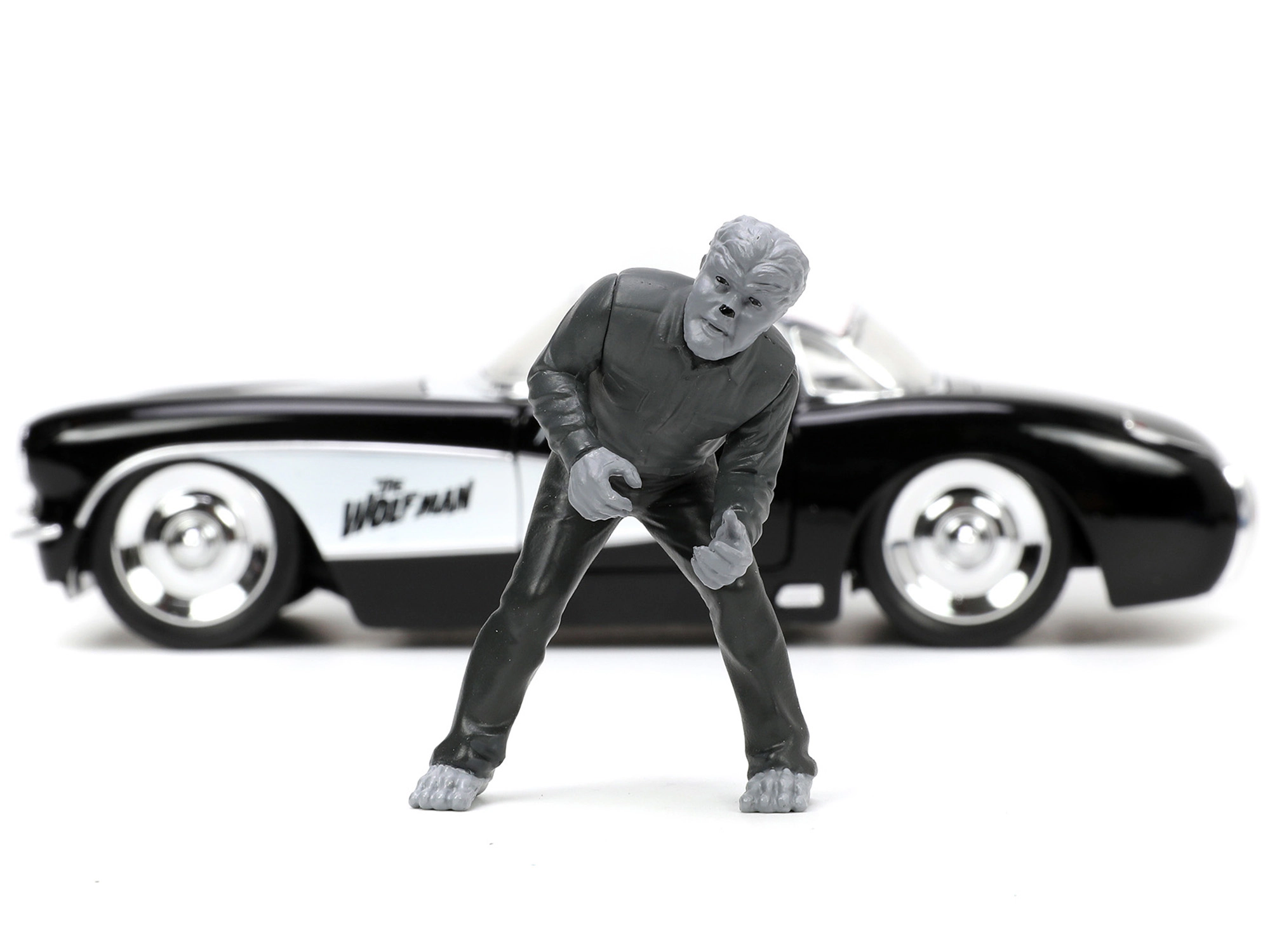 Jada 1957 Chevrolet Corvette Black with White Top and Wolfman Diecast Figure "Universal Monsters" "Hollywood