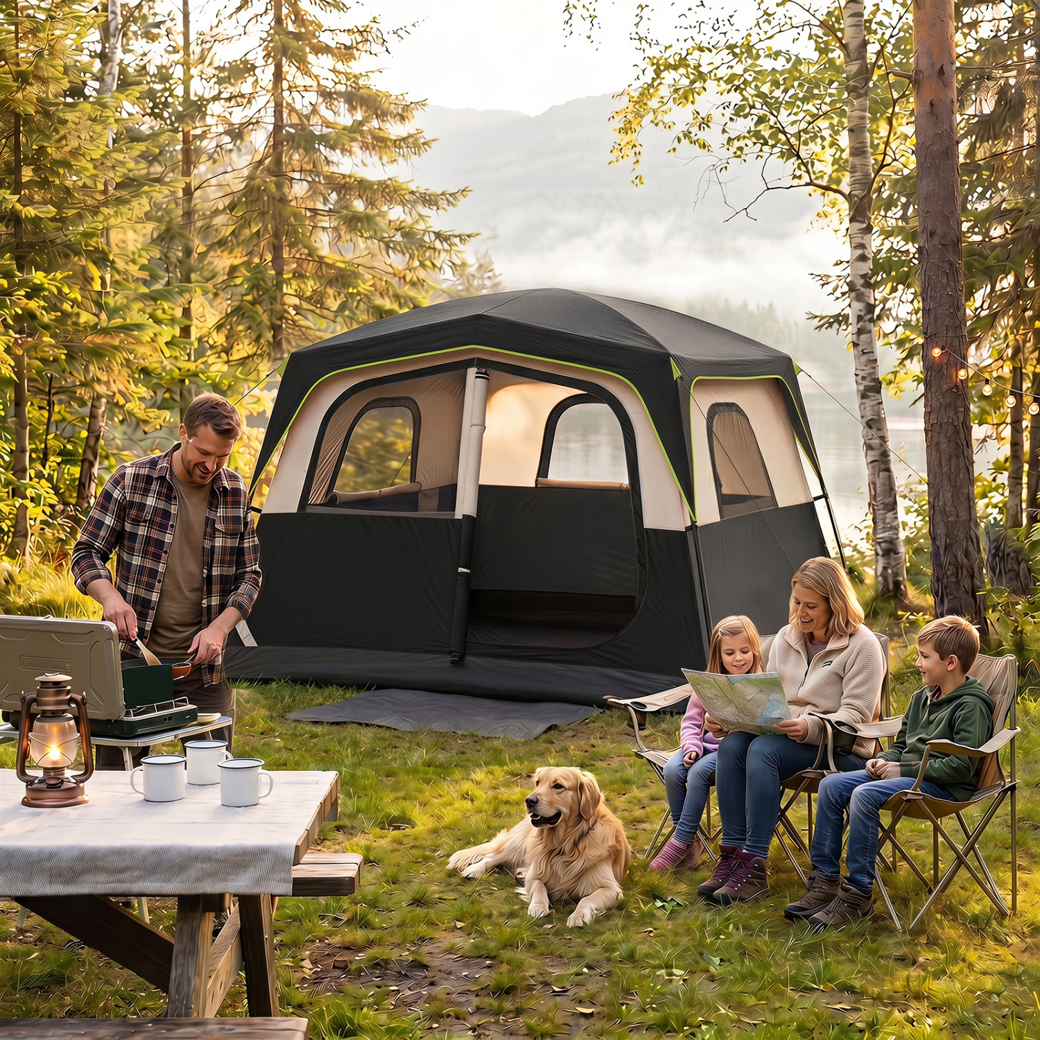 LJG 6-Person Camping Tent Easy Setup Family Cabin with Top Rainfly Mesh Windows