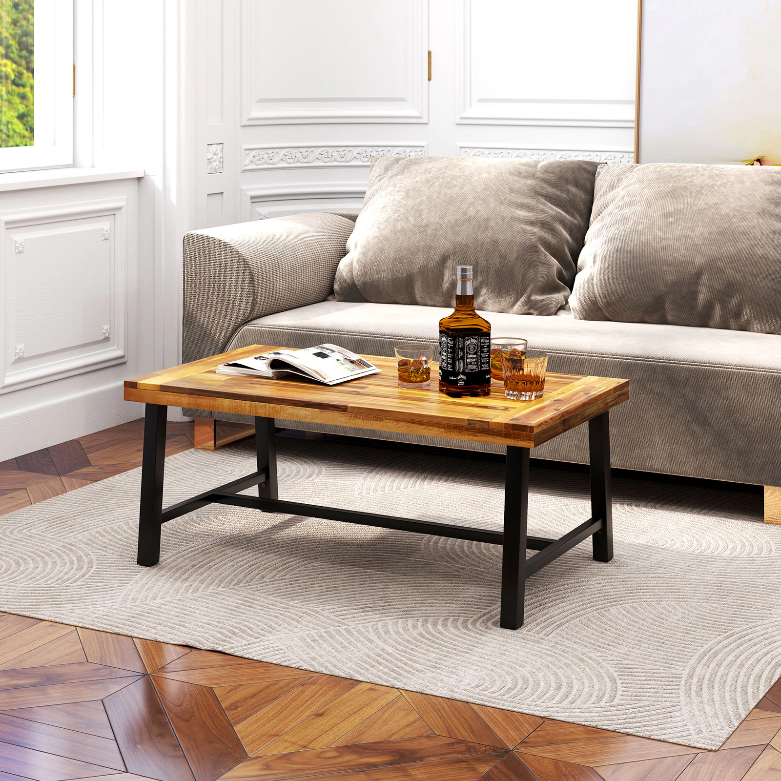 SUGIFT Thick 2-in Top Acacia Wood Coffee Table with Heavy-Duty Metal Legs 165-lb Capacity Natural + Black