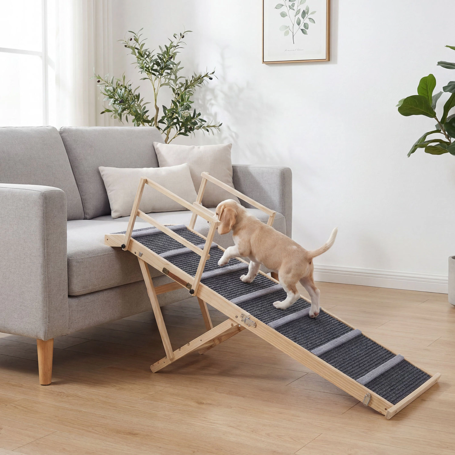 SUGIFT 6-Level Height Adjustable Foldable Pet Ramp for High Bed or Couch 145-lb Capacity 62.5-in Long Dark Gray