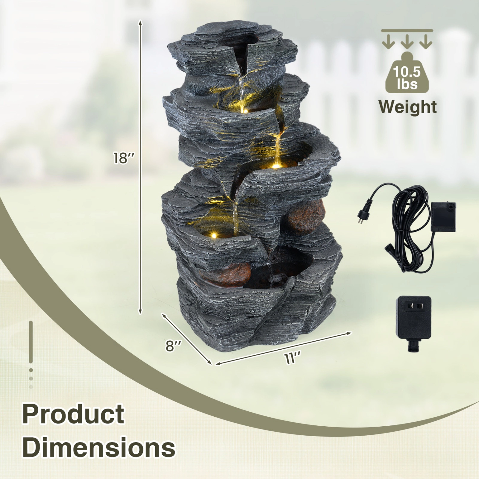 SUGIFT 5-Tier Tabletop Cascading Rock Water Fountain with LED Lights and Pump 18-in Tall Resin Fiberglass Gray