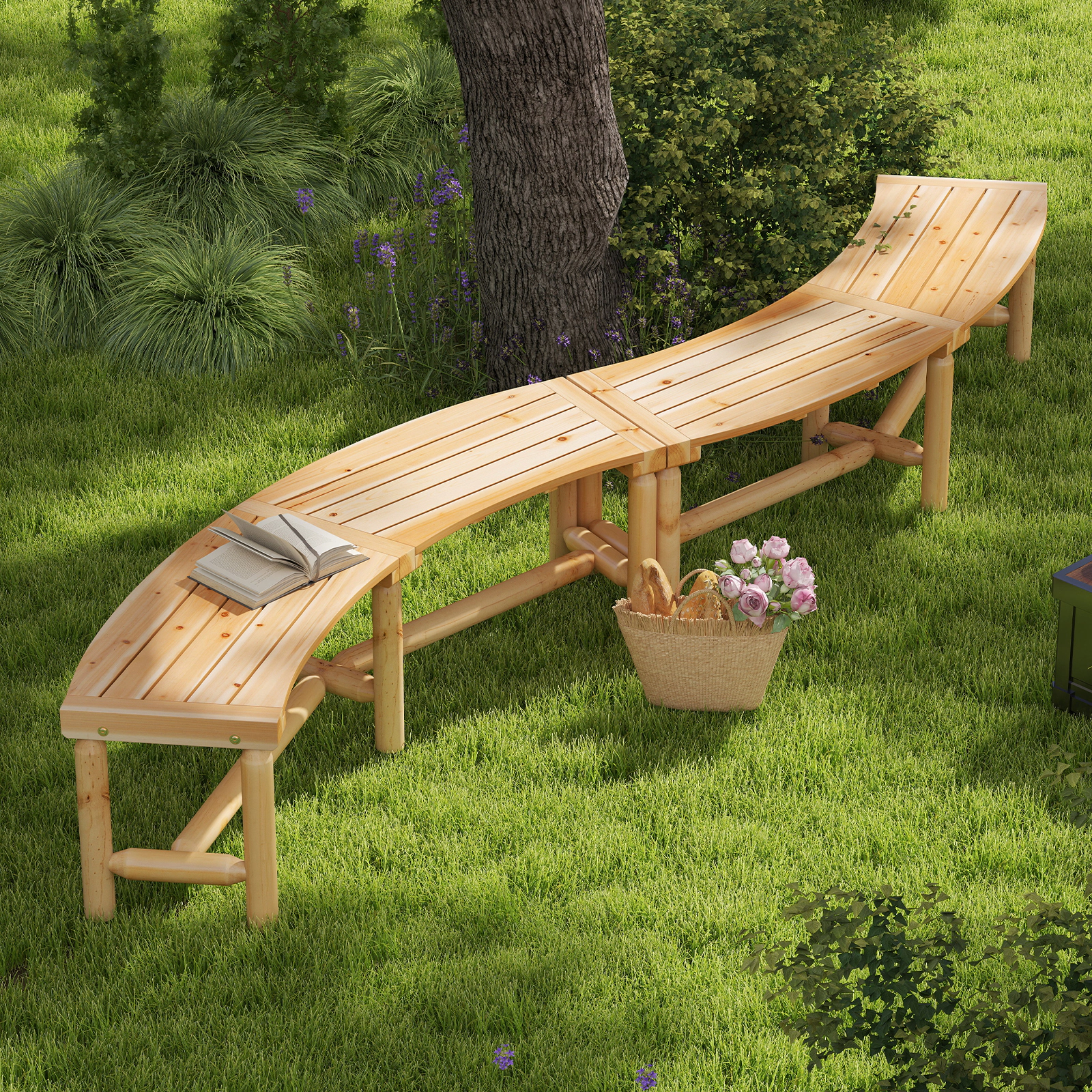 SUGIFT Curved Solid Wood Outdoor Fire Pit Bench 800-lb Capacity Backless Loveseat 67-in Wide Rustic Brown Natural