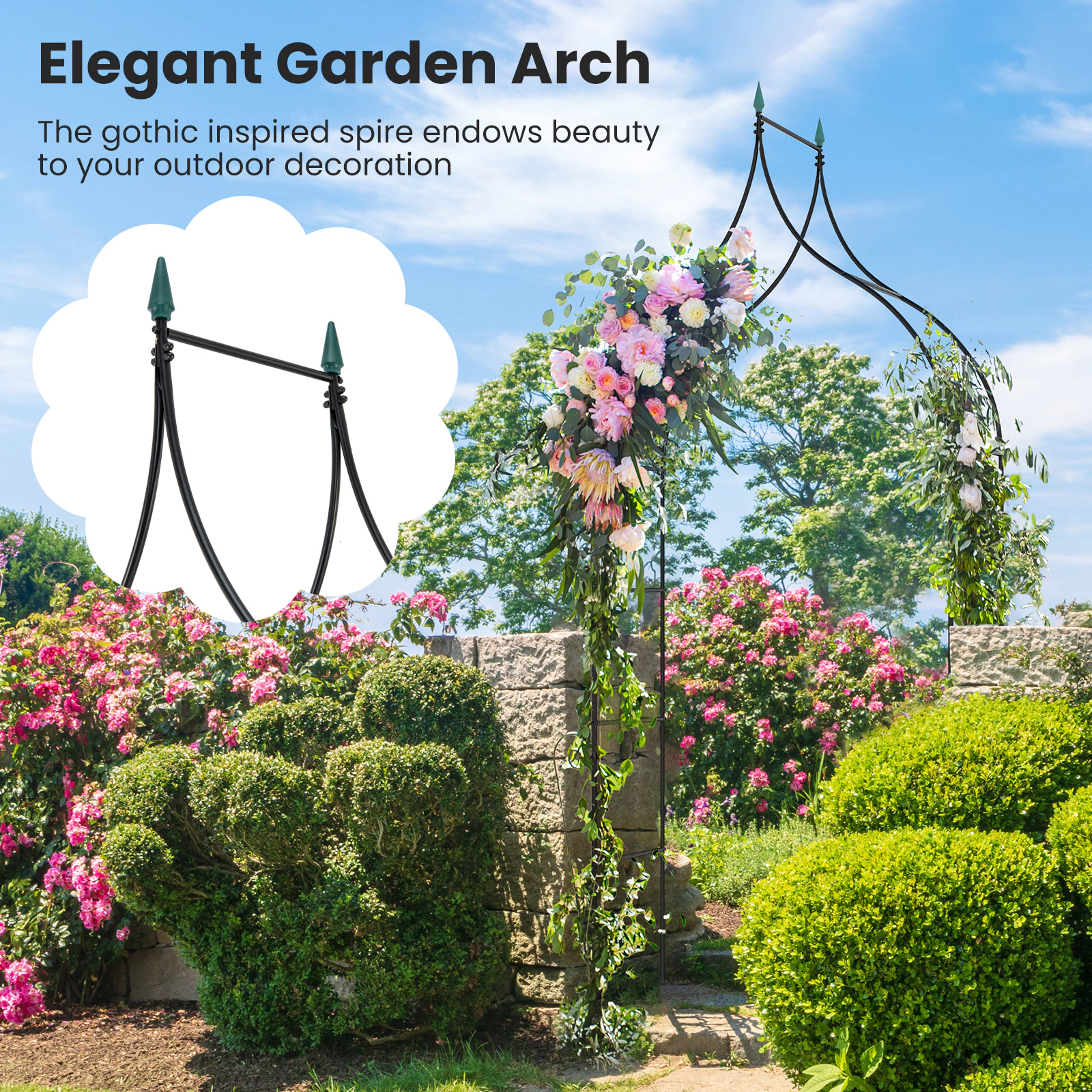 SUGIFT 9.5-ft Black Decorative Metal Garden Arch with Pointed Arches Curves and Screw Protective Caps