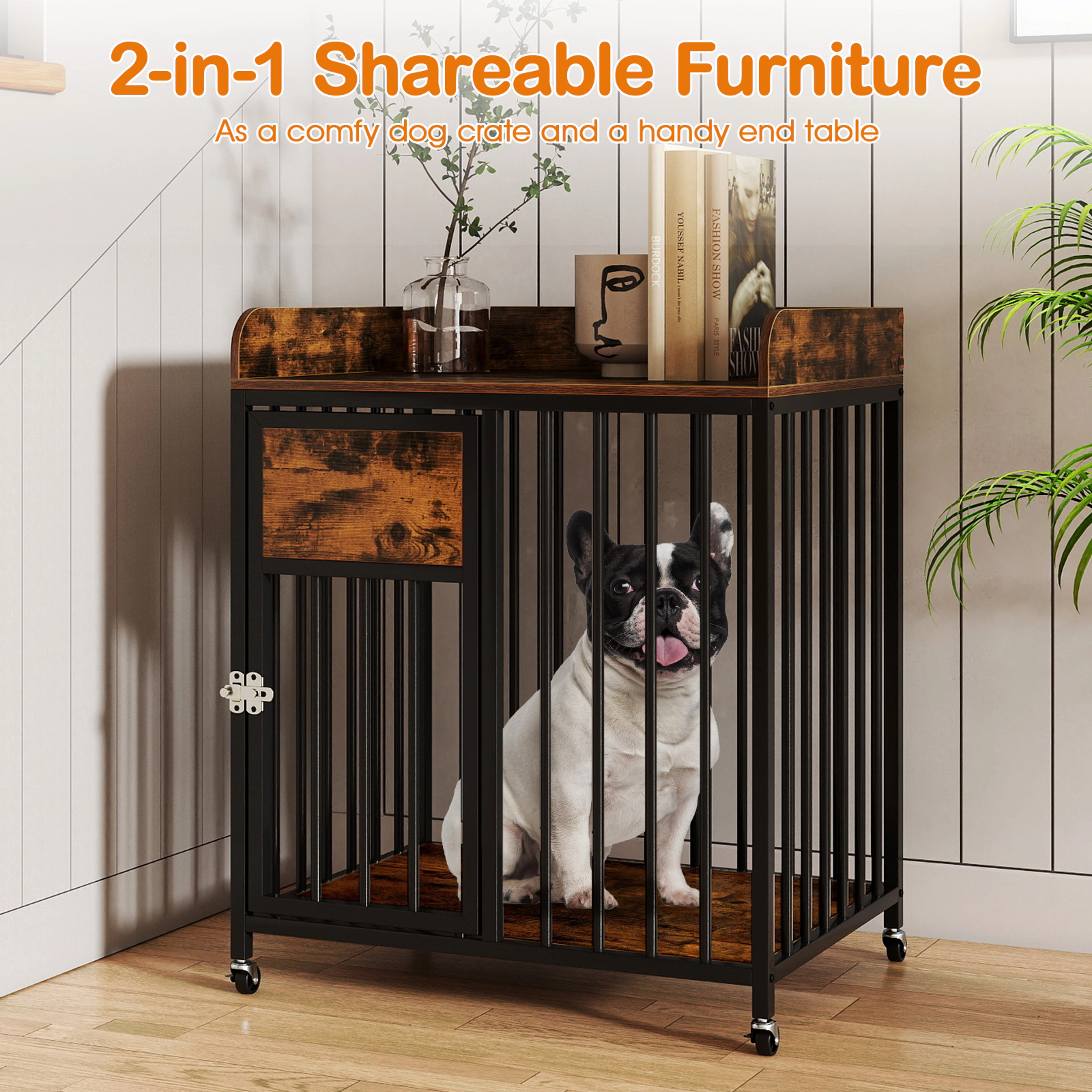 SUGIFT Rustic Brown 27.5 in End Table Kennel with Wheels for Small Dogs Dog Crate Furniture