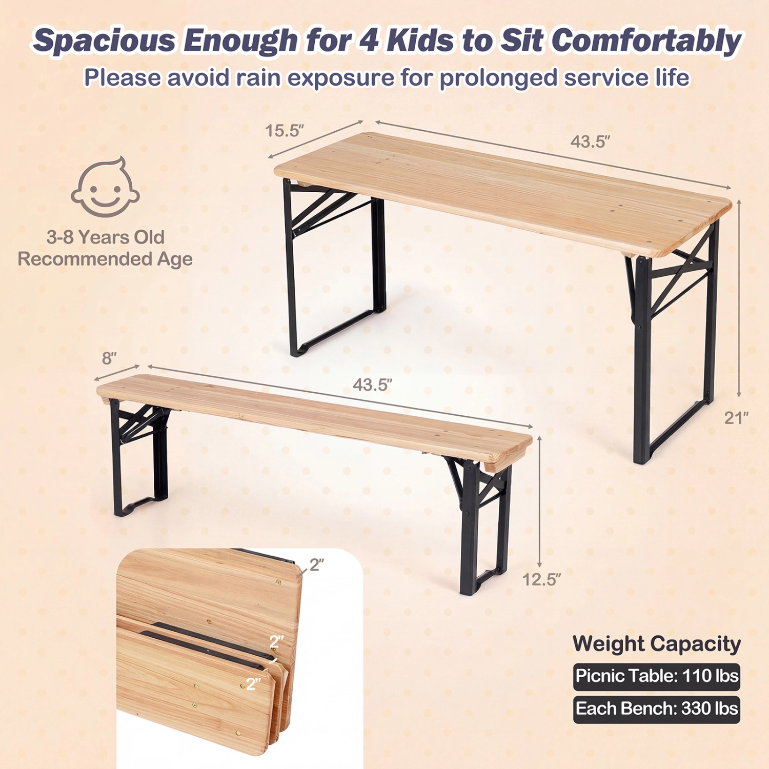 Hivvago 43.5 Inch Folding Kids Picnic Table & Bench Set No Assembly Wooden Toddler