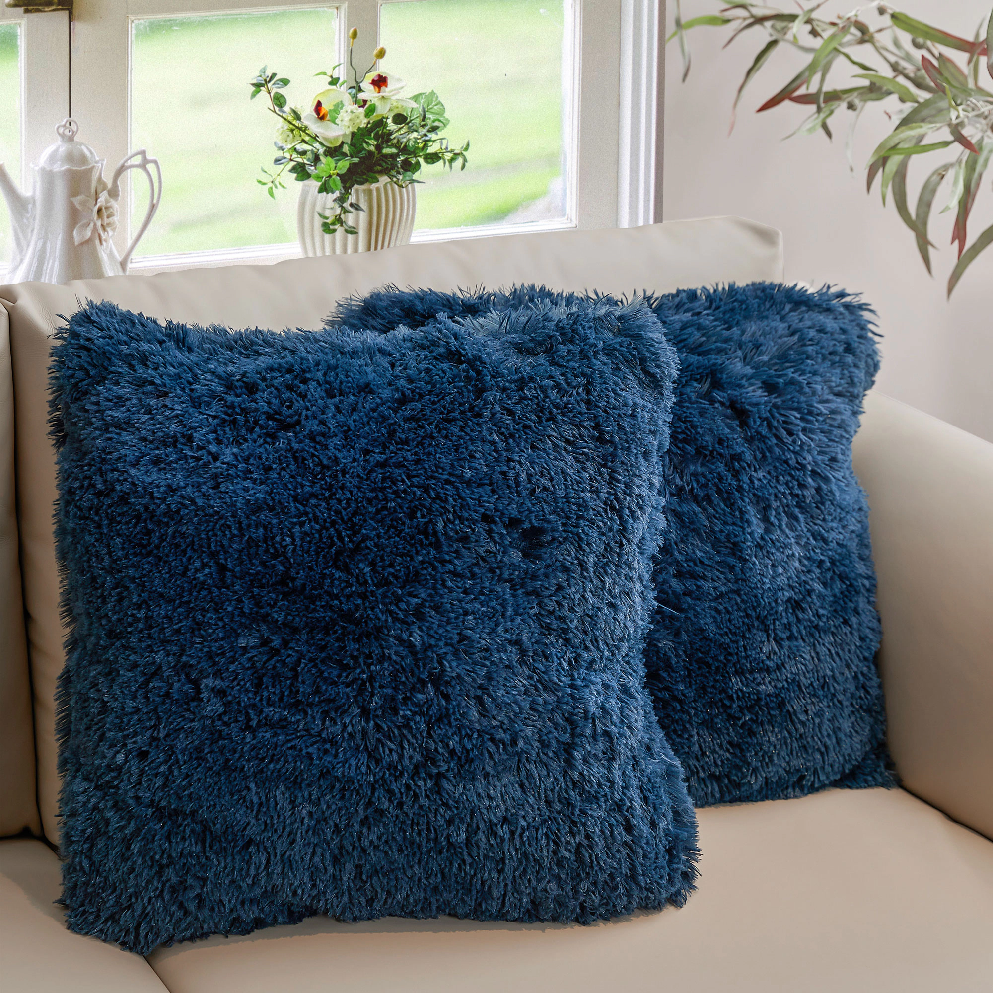 Cheer Collection 24-Inch Dual-Sided Shaggy Faux Fur Throw Pillows with Inserts, 2-Pack