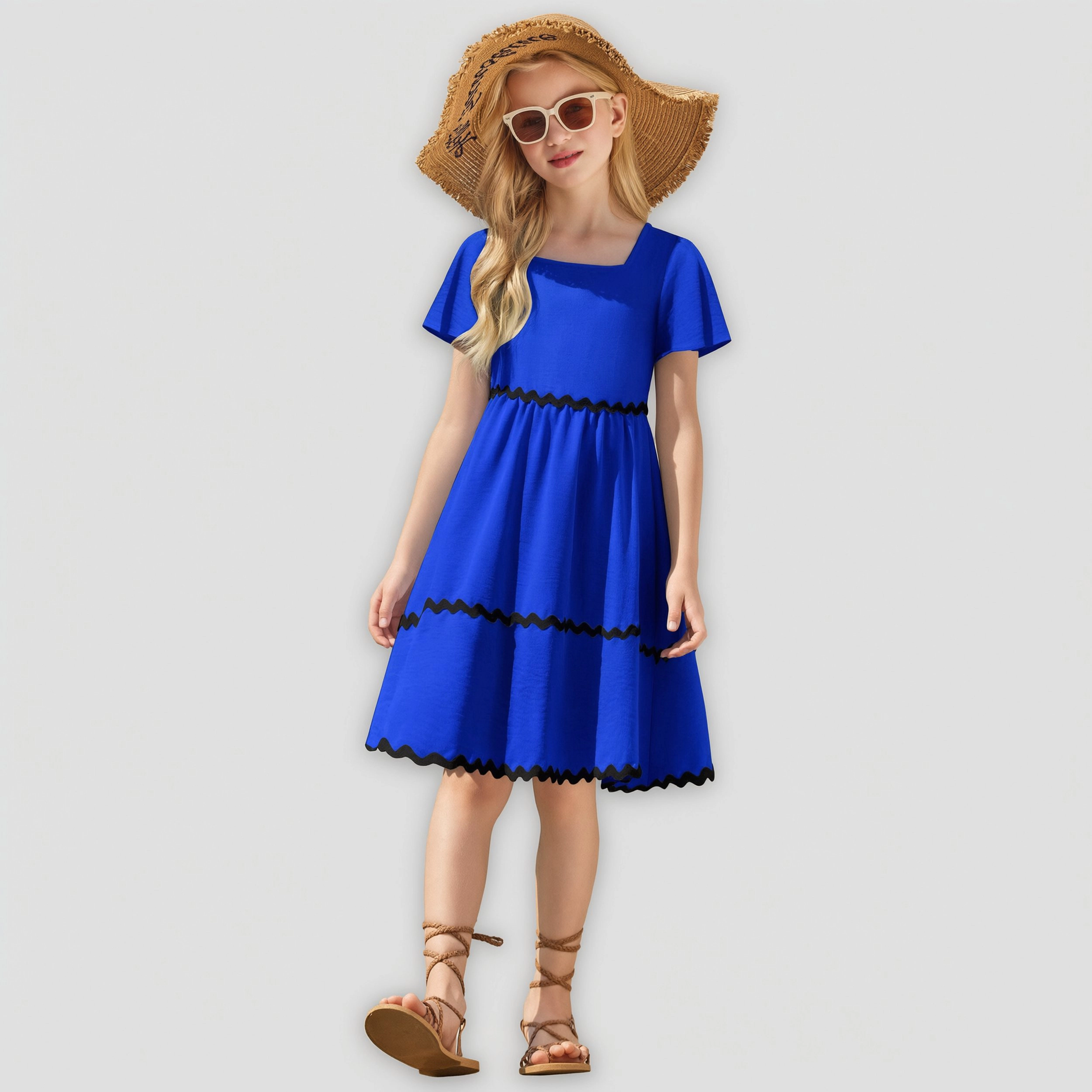 Arshiner Girls Summer Dress Flutter Ric Rac Tiered Short Sleeve Square Neck Casual Midi Dresses