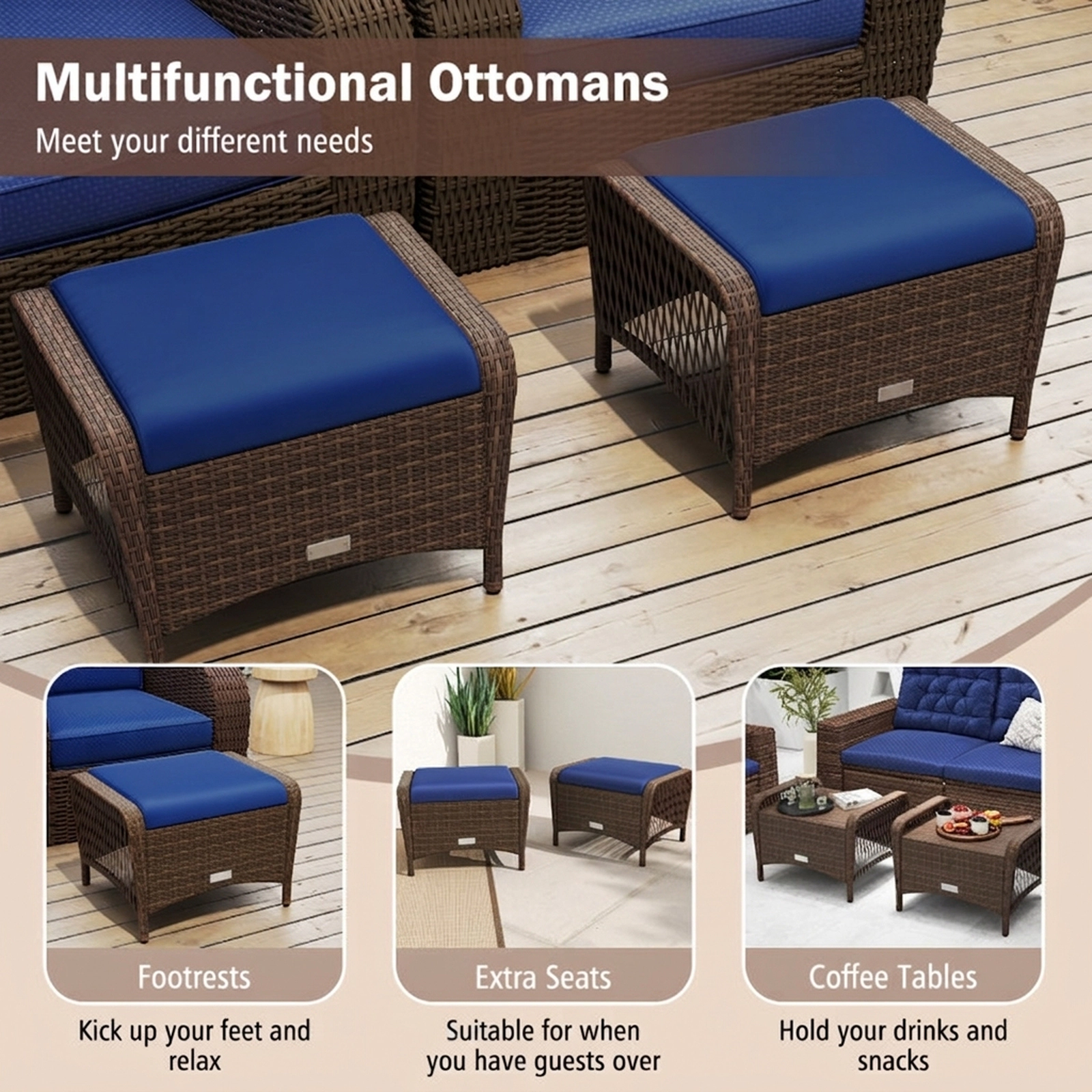 SUGIFT Outdoor Patio Ottomans 400-lb Capacity with Removable Cushions Navy
