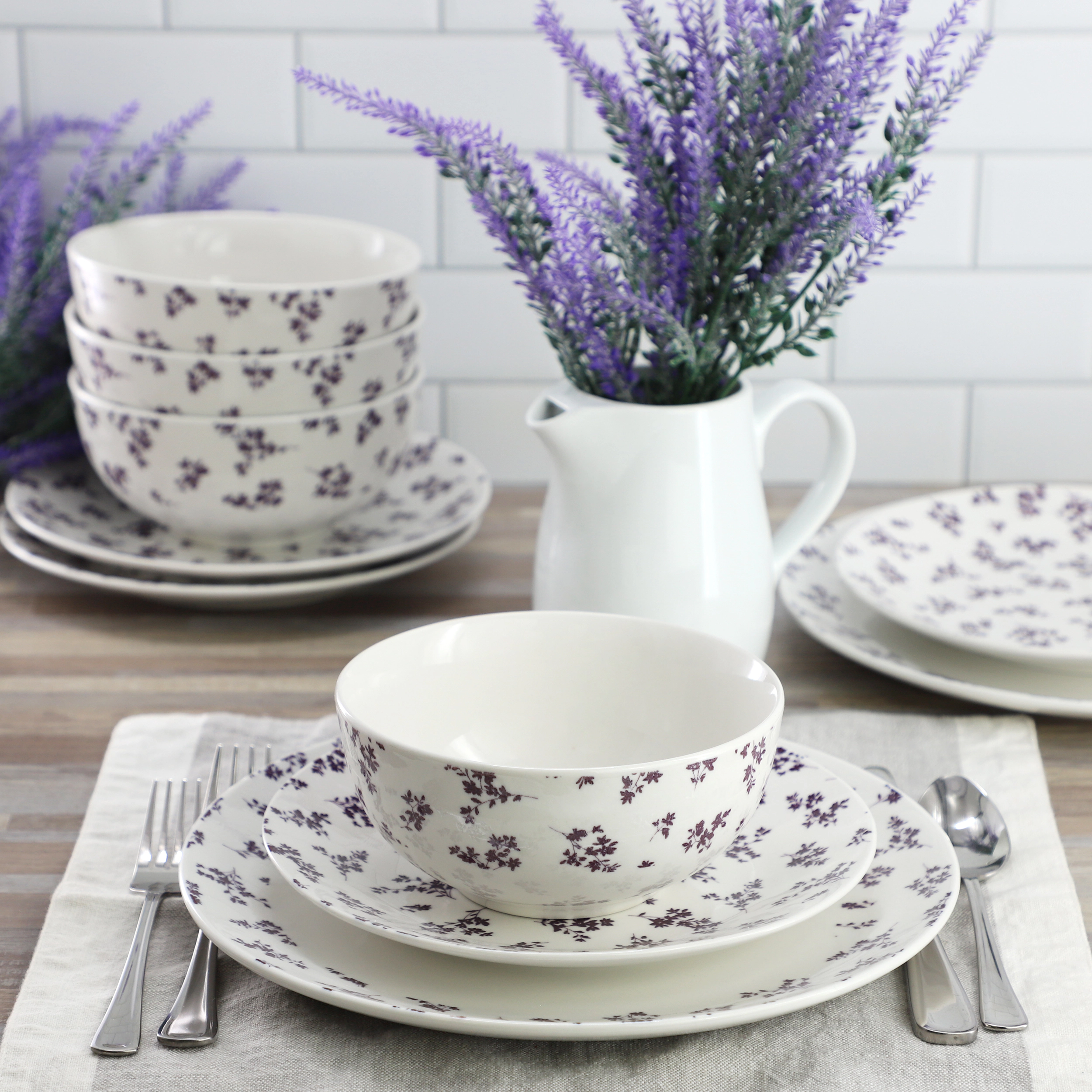 Gibson Home Mountain Thistle Fine Ceramic 12 Piece Dinnerware Set in Purple