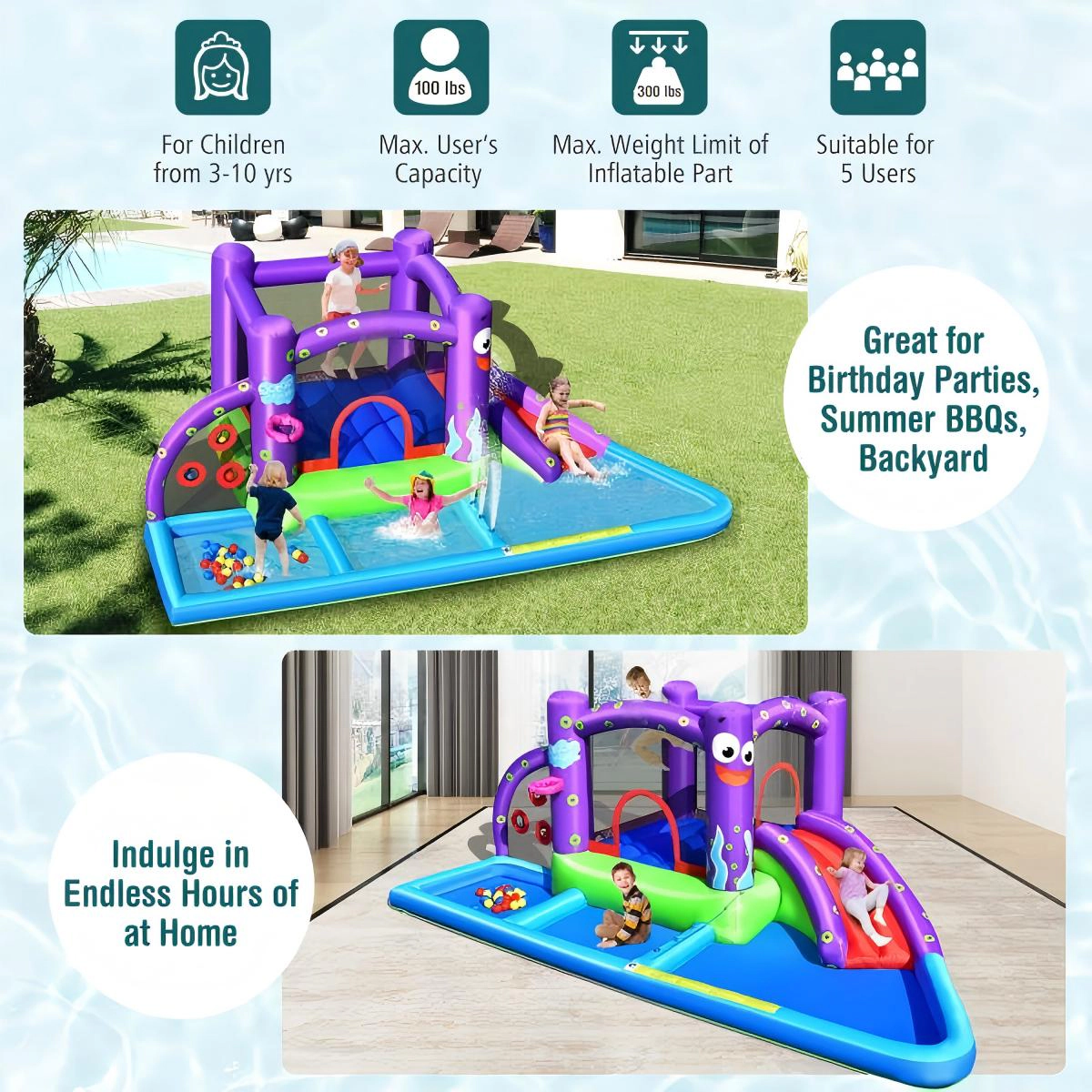 SUGIFT Octopus Inflatable Water Slide Bounce Castle with Ball Pit Splash Pool and Basketball Rim