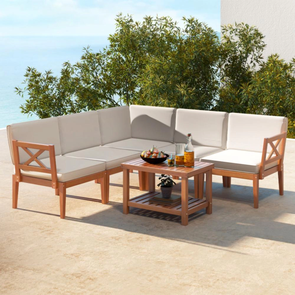Hivvago 6 Pieces Acacia Wood Patio Furniture Set With Cushions And 2-Tier Coffee Table-White