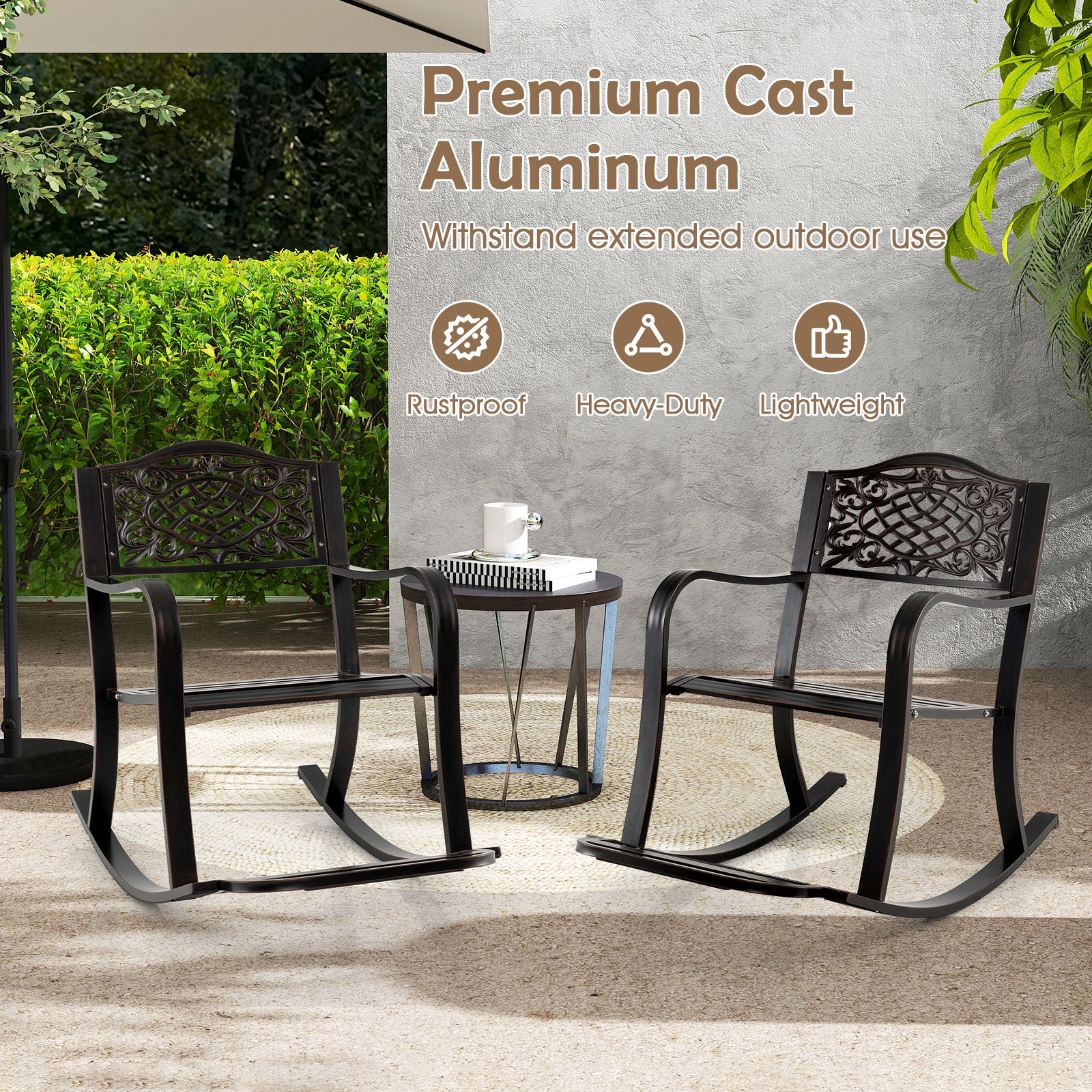 SUGIFT Cast Aluminum Patio Rocking Chair with Footrest and Curved Armrests 330-Lb Capacity 40-in Frame Antique Brown