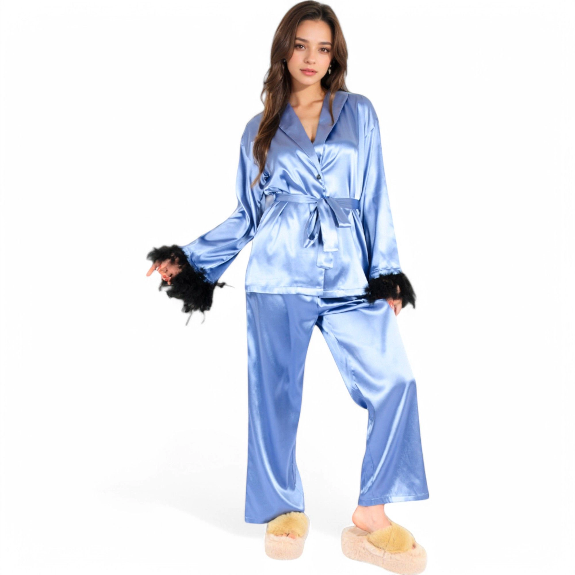Anna-Kaci Women's Satin Feather Trim Button Up Lounge Set with Wide Leg Pants