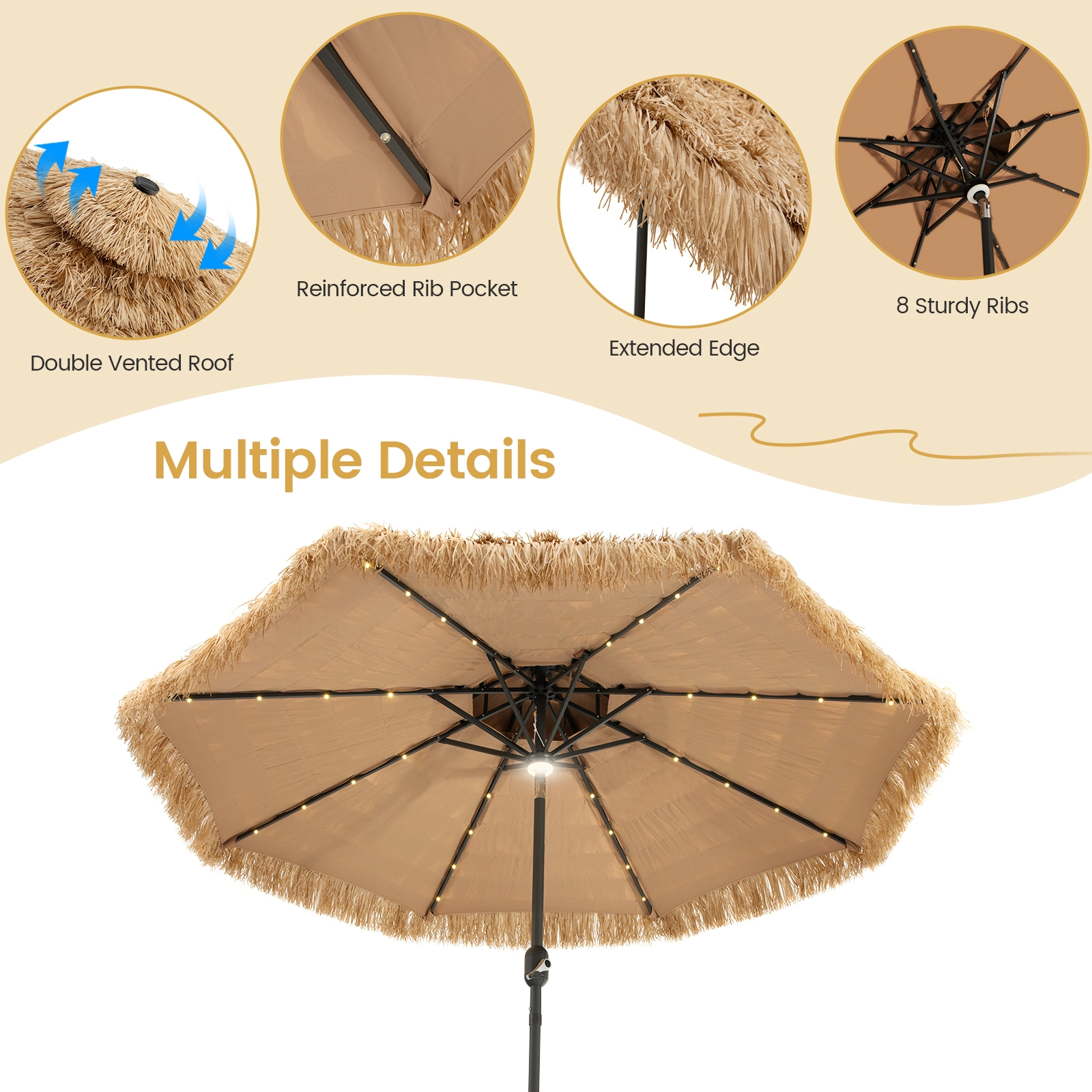 SUGIFT Natural 32 LED Lights and 8 Metal Ribs 9 FT Solar Thatched Tiki Patio Umbrella