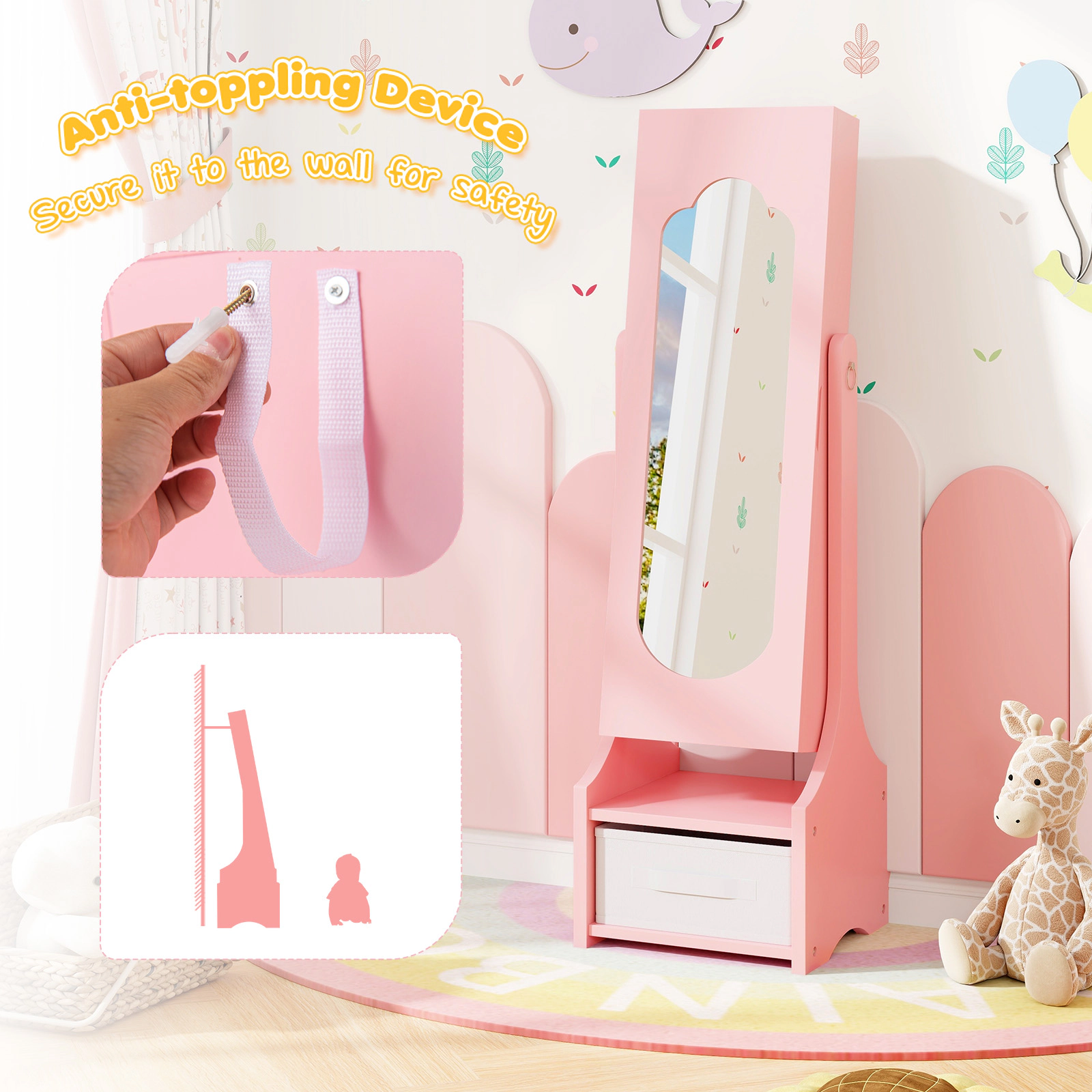 SUGIFT Kids Full-Length Mirror 2 Tilt Angles 64 Ring Slots Jewelry Armoire Cabinet 12.5-in x 12-in x 41.5-in Pink