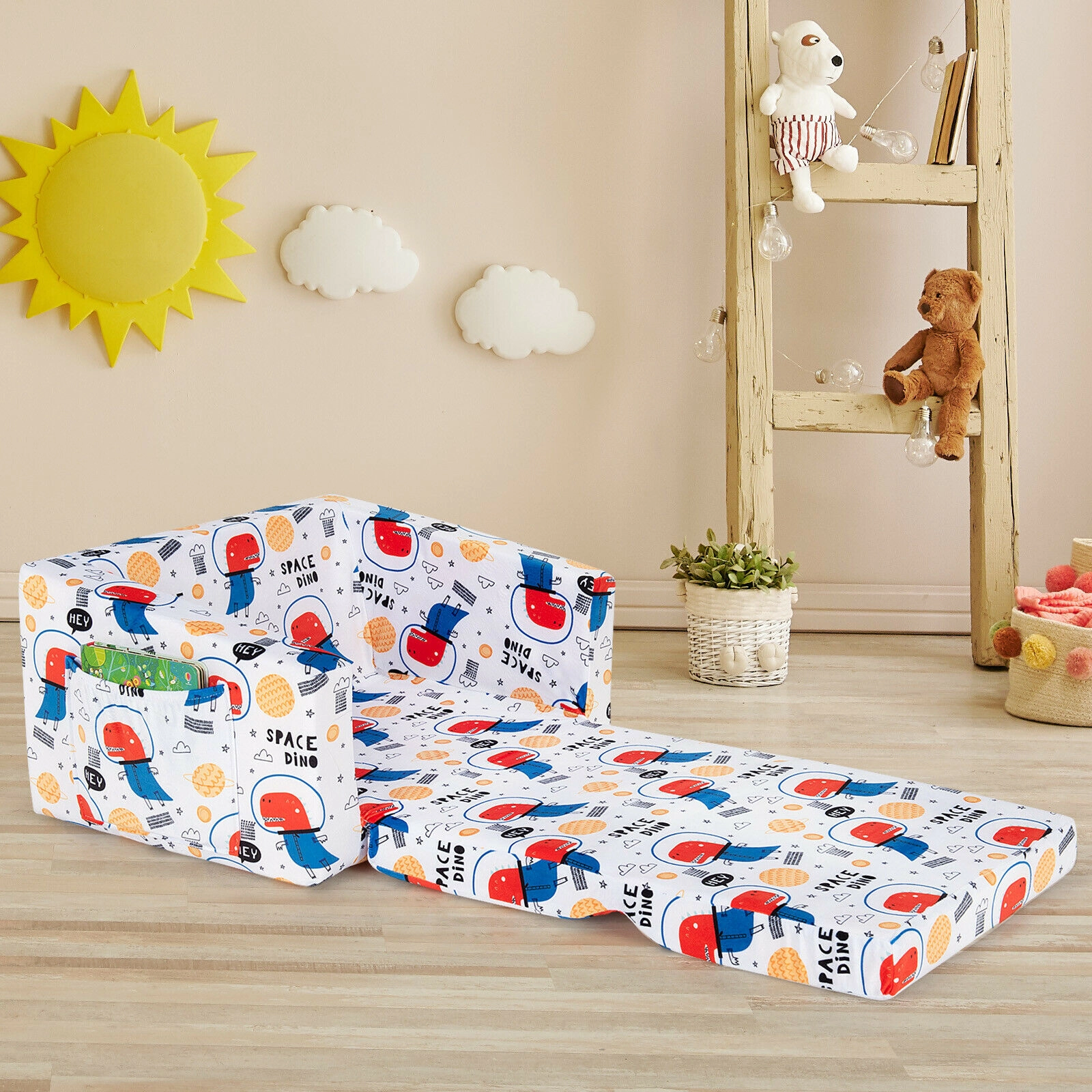 SUGIFT Convertible Toddler Sofa Sleeper, Velvet Chair with Storage Pockets, White