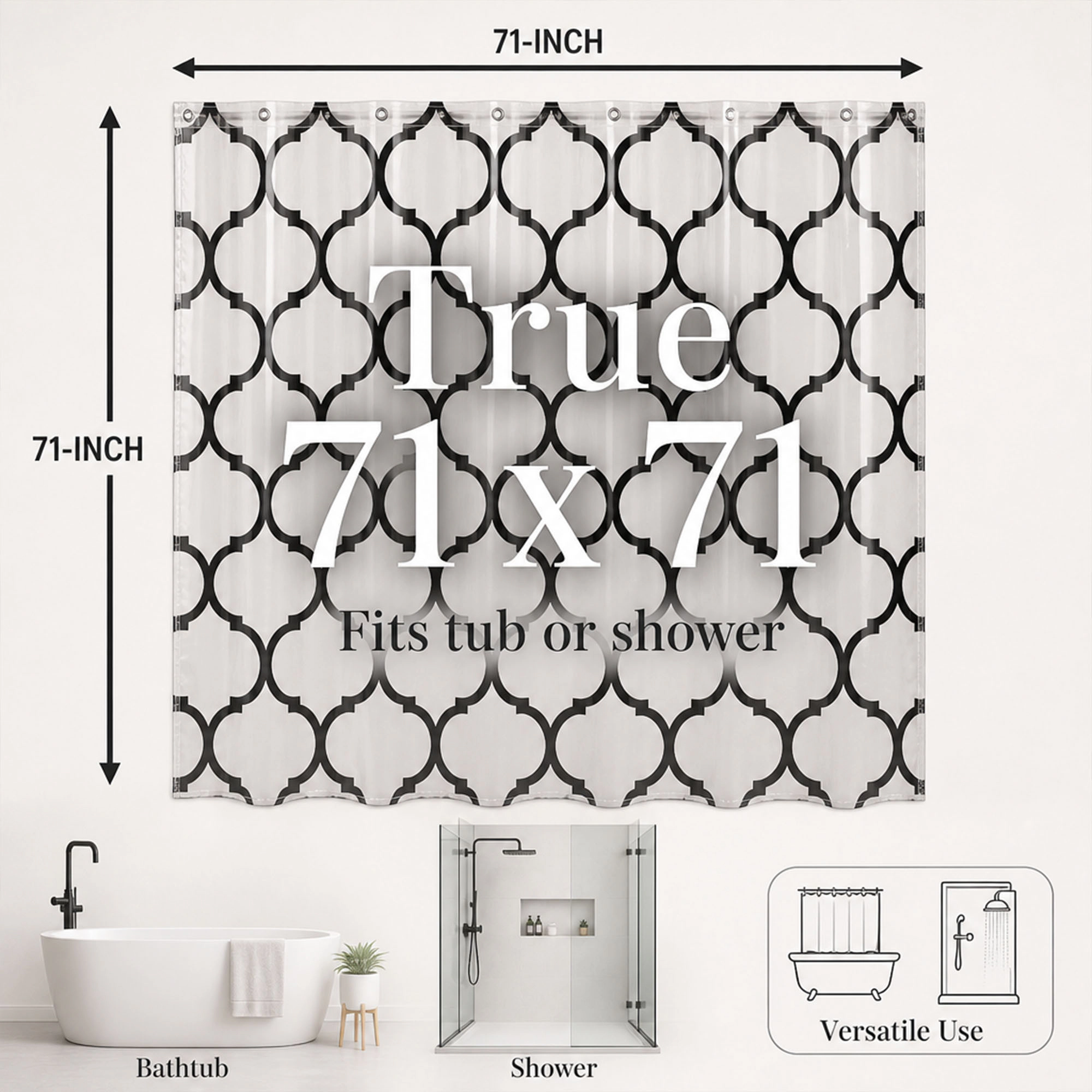 Evideco French Home Goods Clear Shower Curtain Black Arabesque Print Waterproof PEVA Liner