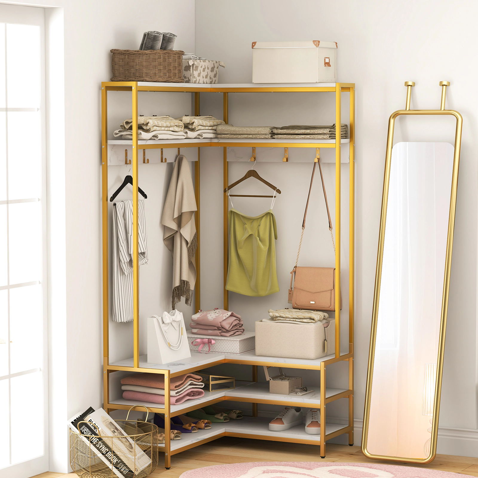 SUGIFT L-Shaped Open Shelves 7 Hooks Corner Garment Rack Shoe Bench 35.5-in x 35.5-in x 70-in 200-lb Capacity White