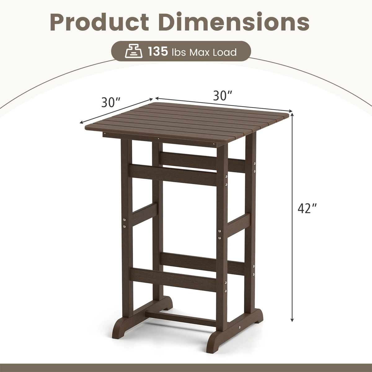 SUGIFT 30-in Square Bar Table Dining Table with Slatted Tabletop 135-lb Capacity for 25.5-31.5 in Bar Stools Brown