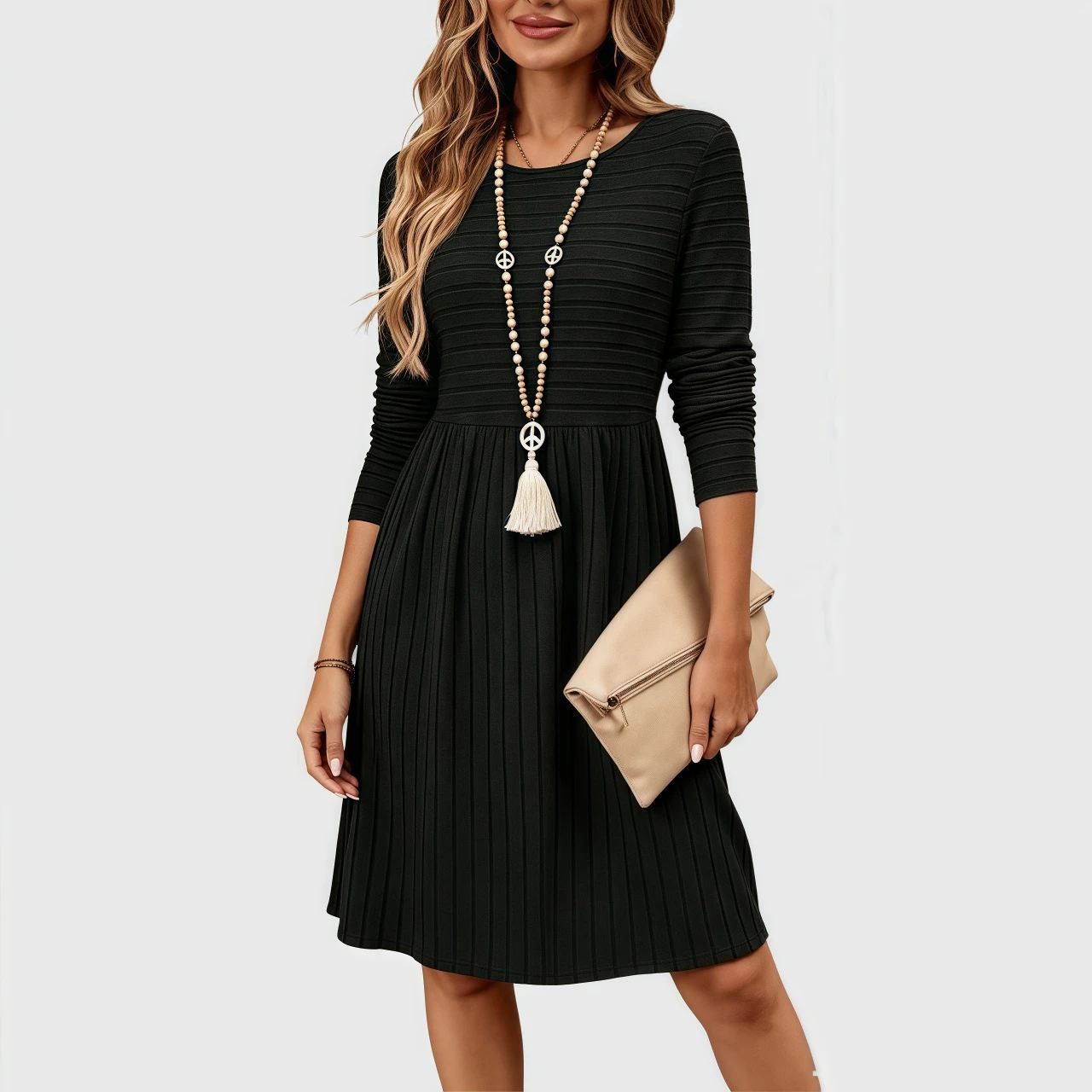 YesFashion Womens Long Sleeve Fall Dresses Ribbed Knit Casual Crew Neck Knee Length Sweater Dress