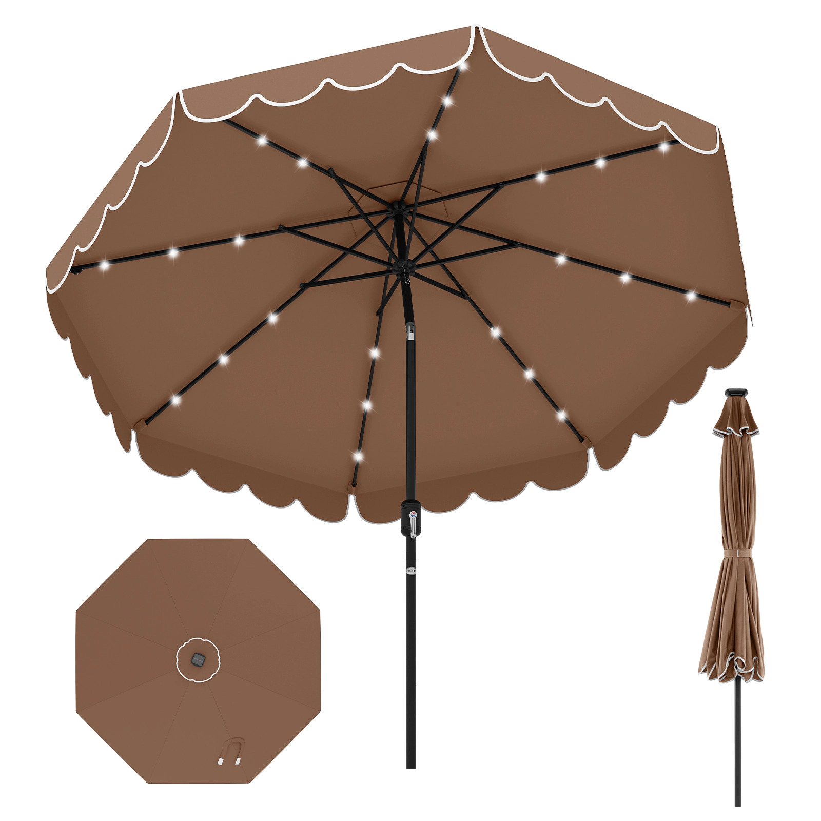 SUGIFT 9.3-ft Solar Patio Umbrella with 24 LED Lights 2-Section Crank Tilt Vented Ruffled Canopy Coffee