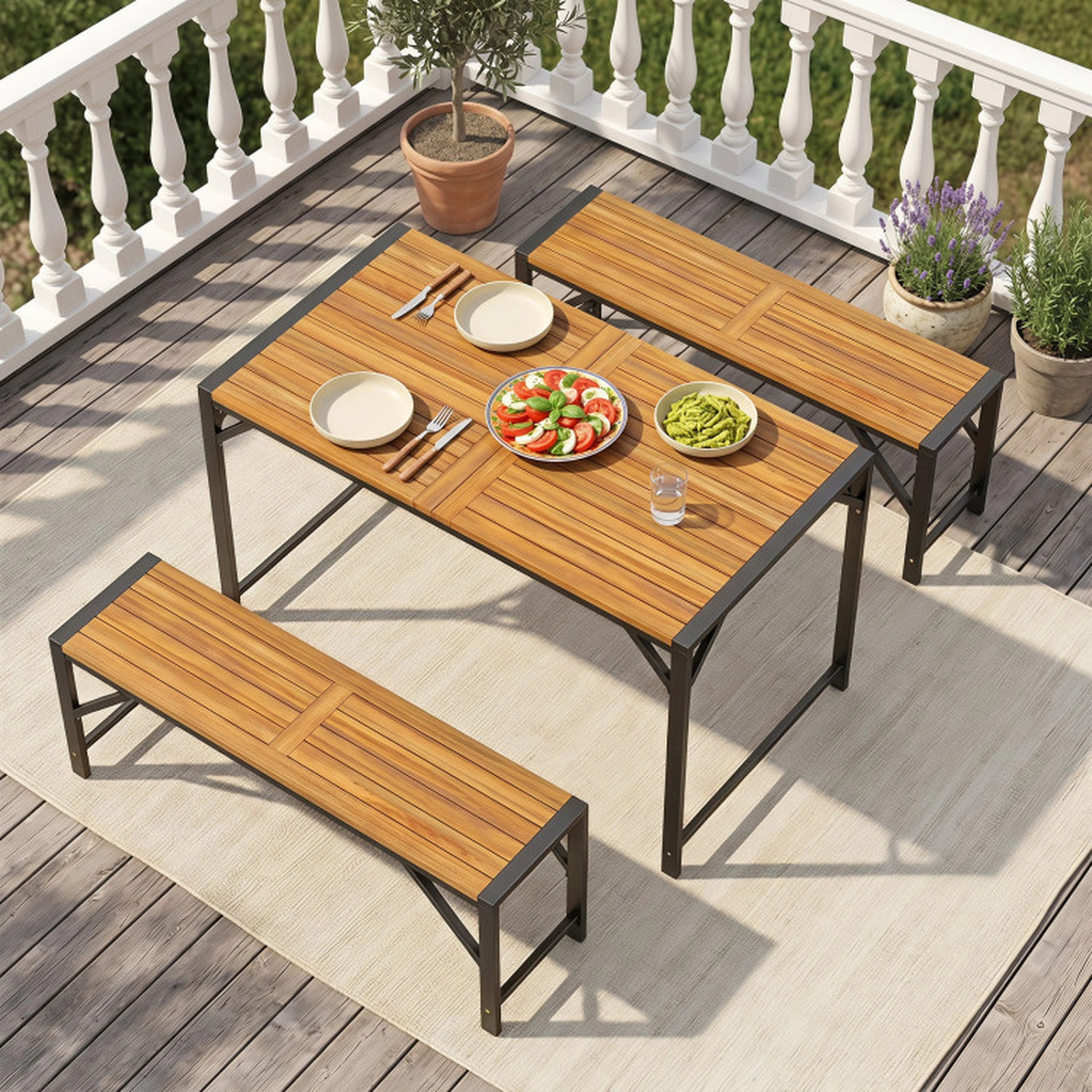 SUGIFT 51-in Acacia Wood Patio Dining Table with Umbrella Hole and Metal Frame 180-lb Capacity Natural & Black