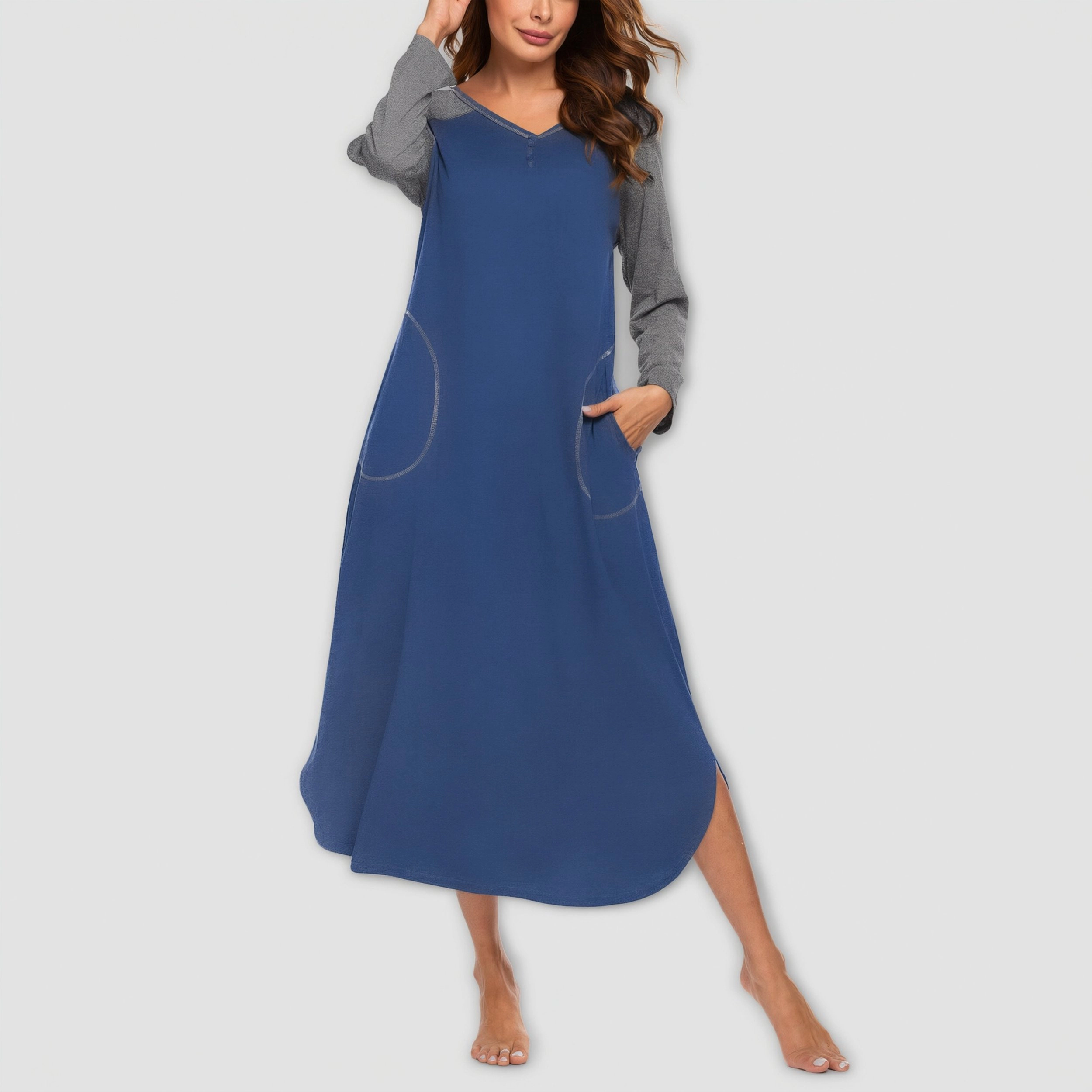 Ekouaer Women's Nightgown V-Neck Loungewear Long Sleeve Sleepwear Full Length for Women