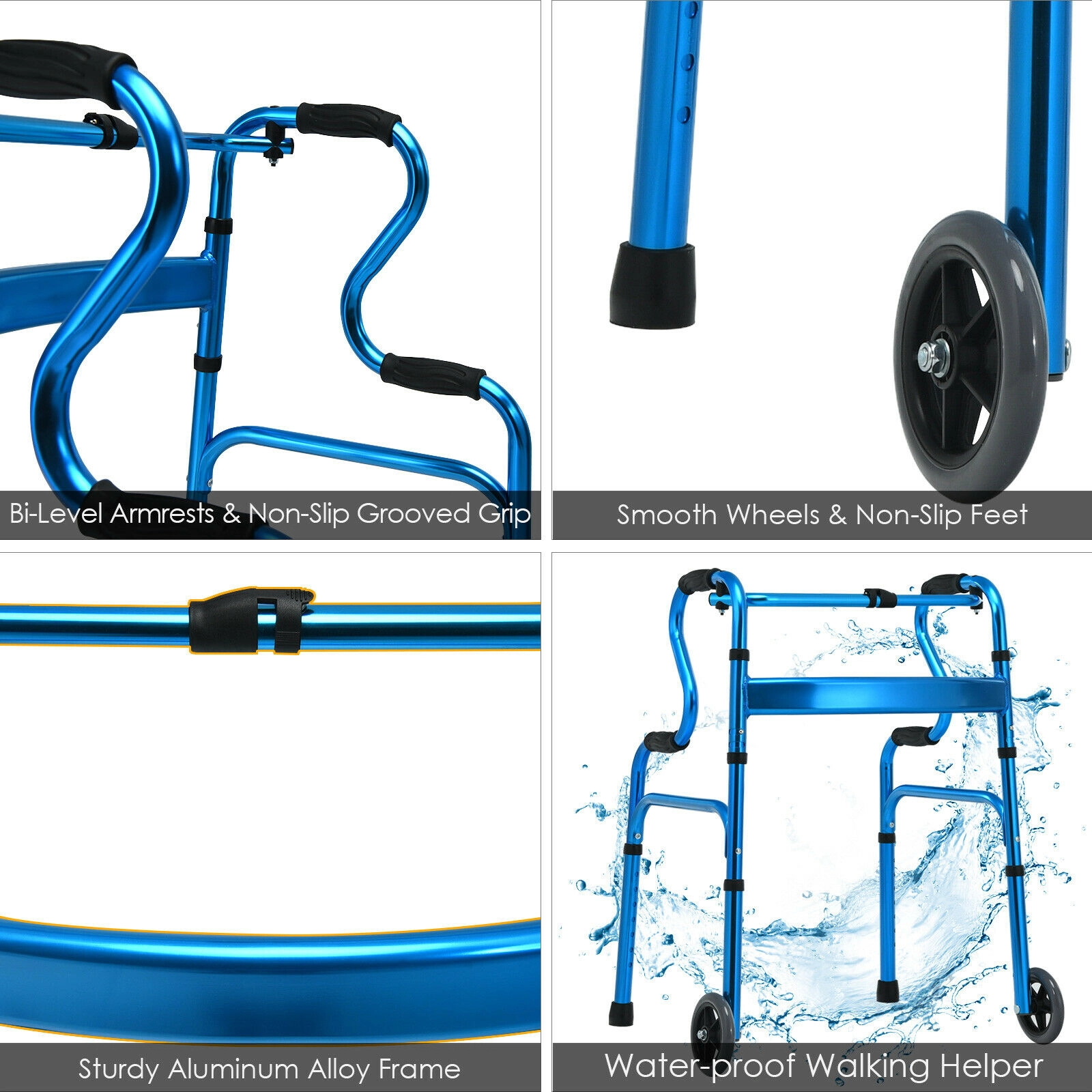 SUGIFT Aluminum Folding Wheeled Stand-Assist Walker 440-lb Capacity Height-Adjustable 25.6-in Wide Blue/Gray 1-Piece