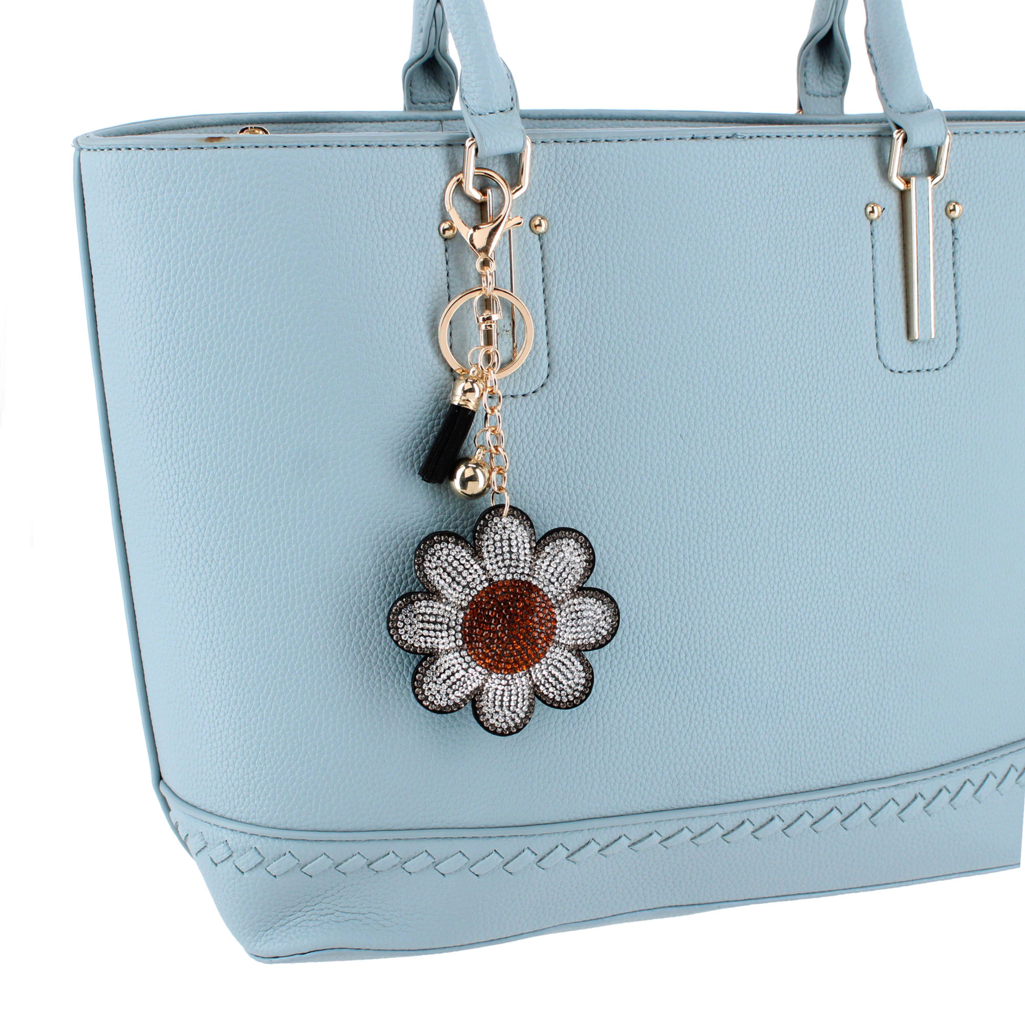 CTM Women's Rhinestone Daisy with Tassel Bag Charm & Key Charm