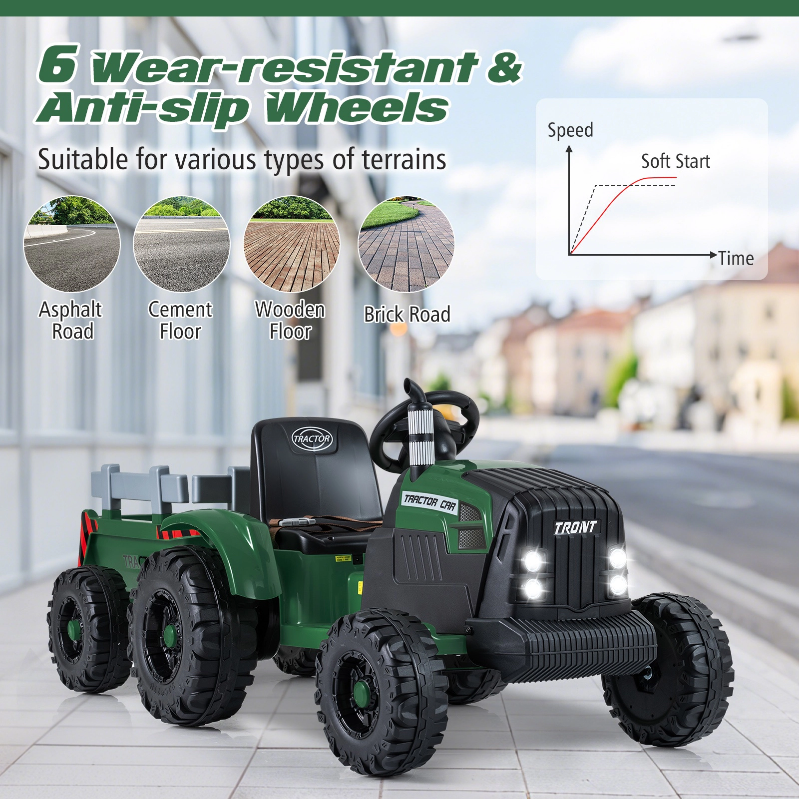 SUGIFT 24V Electric Ride On Tractor Detachable Trailer & Remote Control 77-lb Capacity Ages 3-8 Dark Green 60-in Vehicle