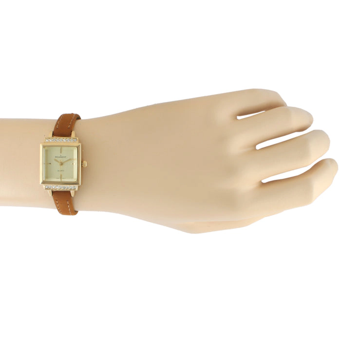 Peugeot Women's 22mm Crystal Watch Gold Dial & Tan Strap