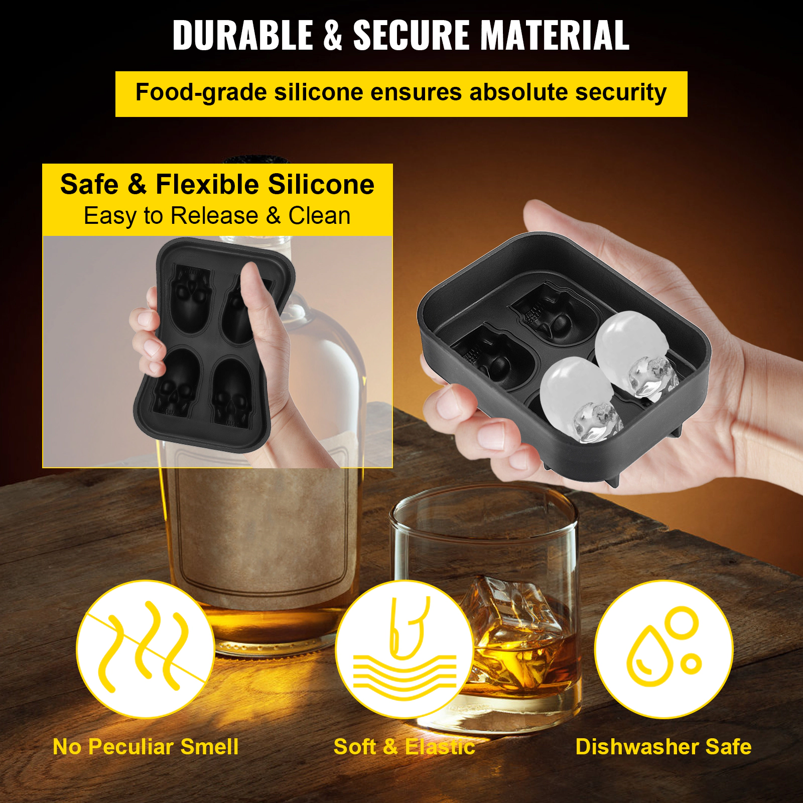 HONGGE Skull Ice Cube Tray, Skull Ice Ball Maker, Flexible Black Silicone Ice Tray with Lid & Funnel