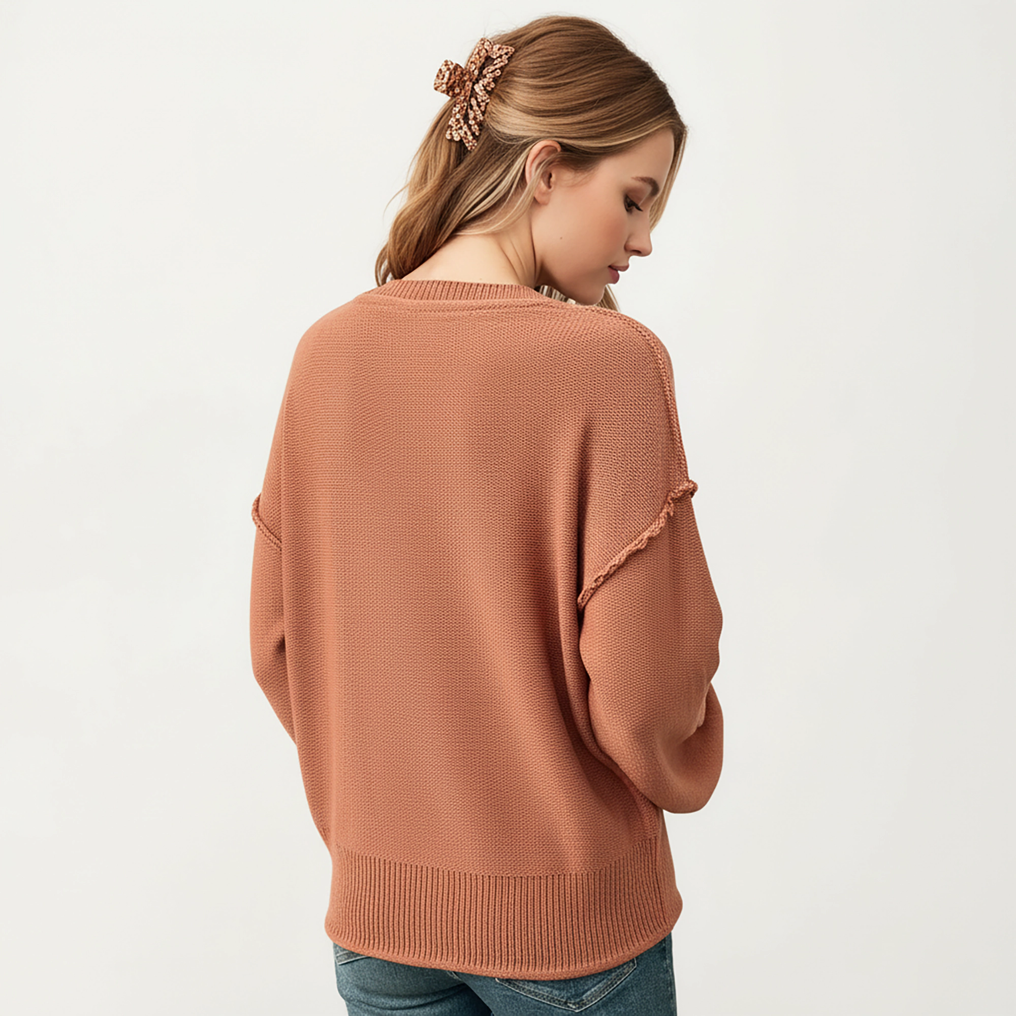 Anna-Kaci Women's V-Neck Knit Top with Soft Textured Finish and Layered Collar Detail for a Relaxed Chic Silhouette