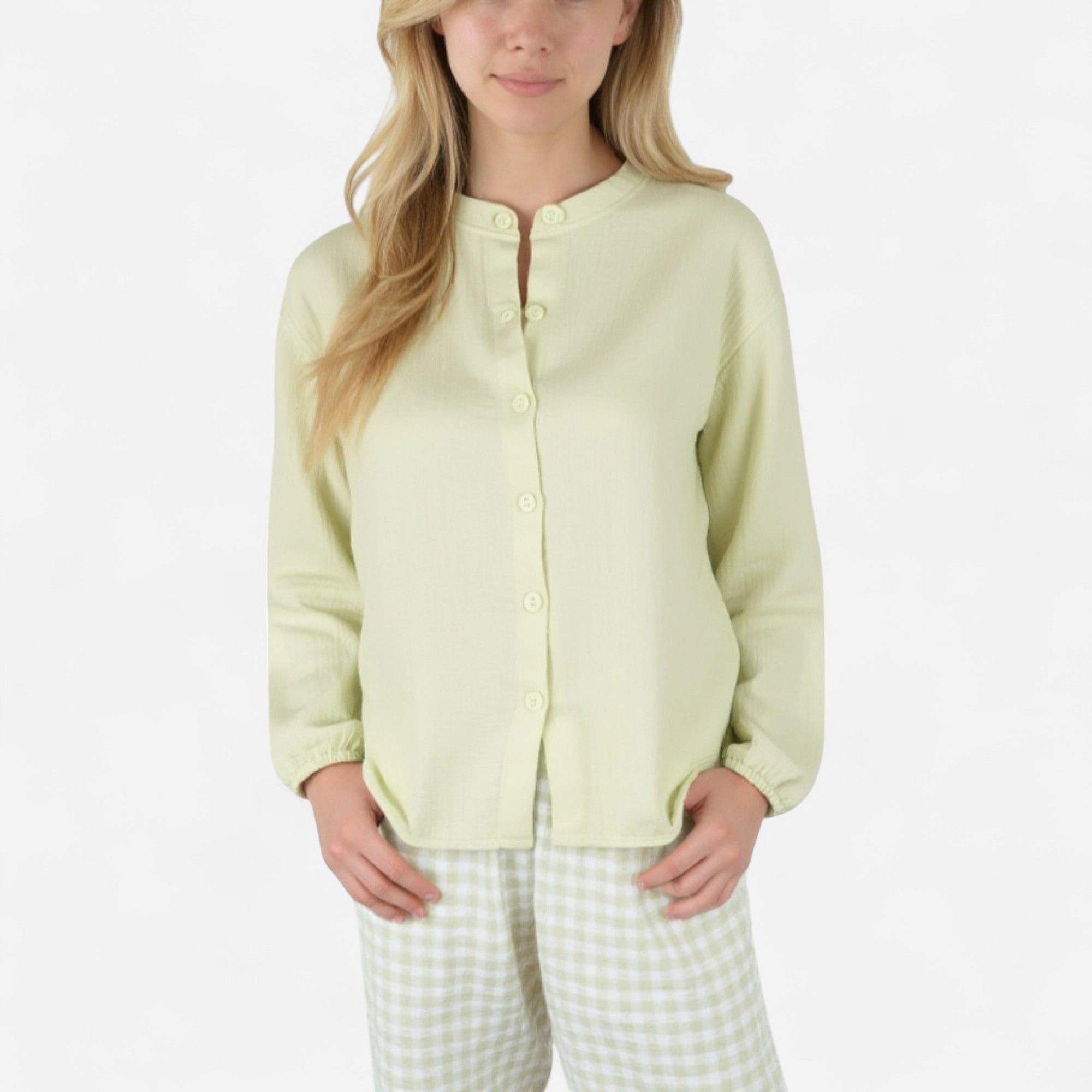Anna-Kaci Women's Woven Pajama Set Long Sleeve Button Up Top Elastic Cuff Sleeves and Relaxed Gingham Print Lounge Pants