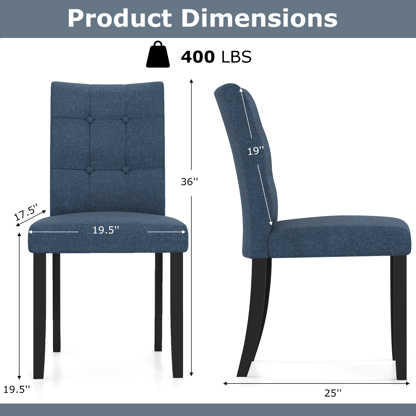 SUGIFT Tufted Armless Dining Chairs 400-lb Capacity Seat Height 19.5-in Dark Blue and Black