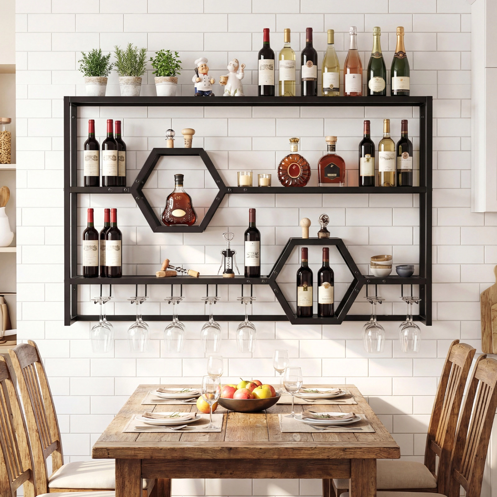 SUGIFT 47-in Wall Mounted Metal Wine Rack with 3 Floating Bar Shelves 352-lb Total Capacity Black/Gold