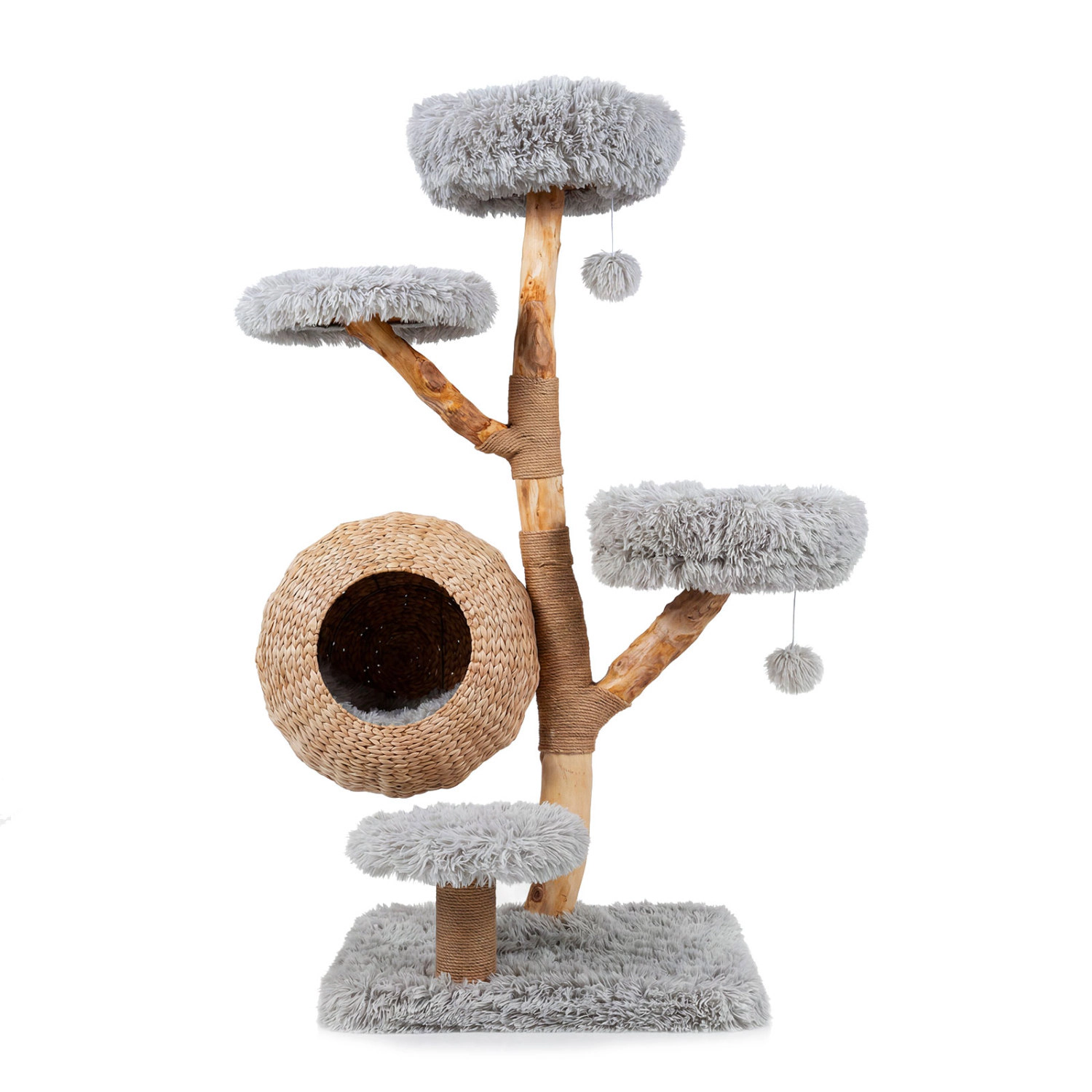 LJG 5-Tier Wooden Cat Tree with Woven Condo Plush Perches Jute Posts & Balls