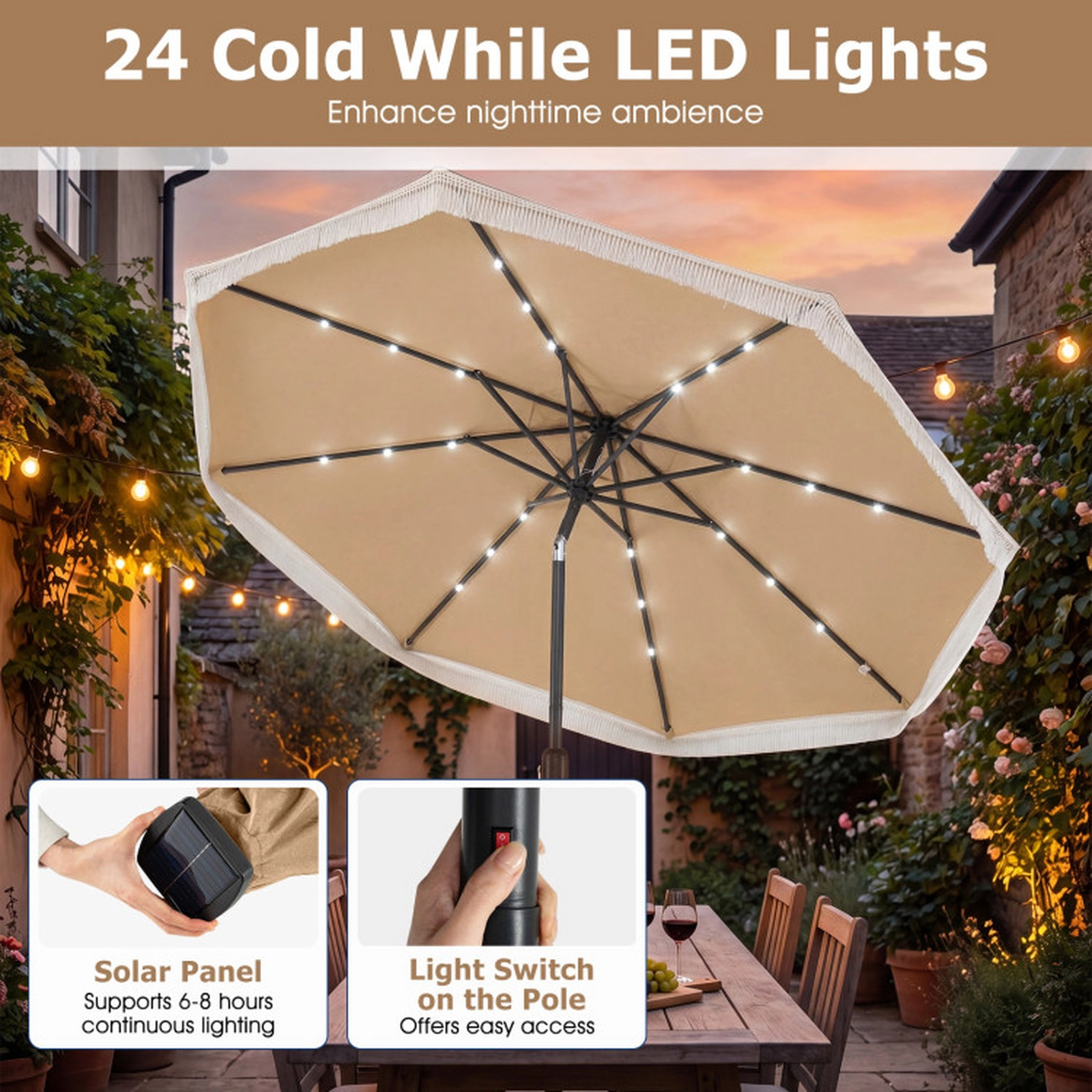 SUGIFT 24 LED Lights Push Button Tilt and Crank Lift 9 FT Solar Patio Umbrella