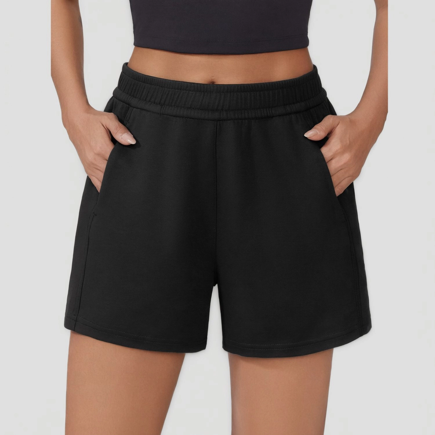 Pinspark Womens Solid High Waist Jogger Shorts Elastic Pockets Lounge
