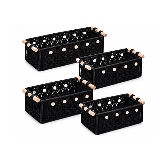 Stock Preferred Pack of 4 Macrame Storage Baskets with Wood Handles 13x11 Inch