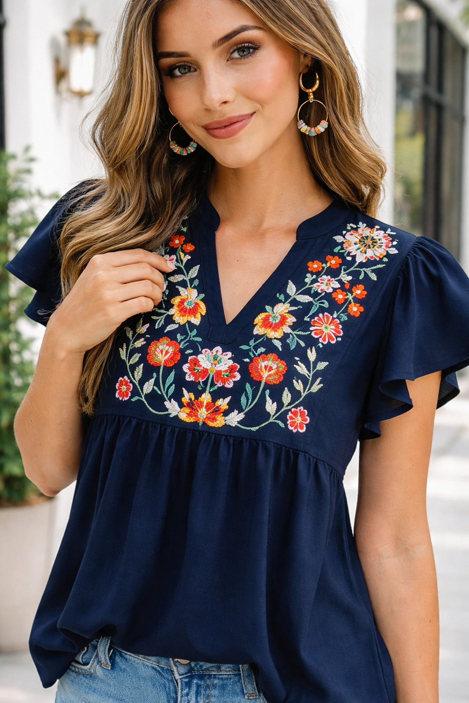 Threaded Pear Erin Embroidered Detail Babydoll Blouse