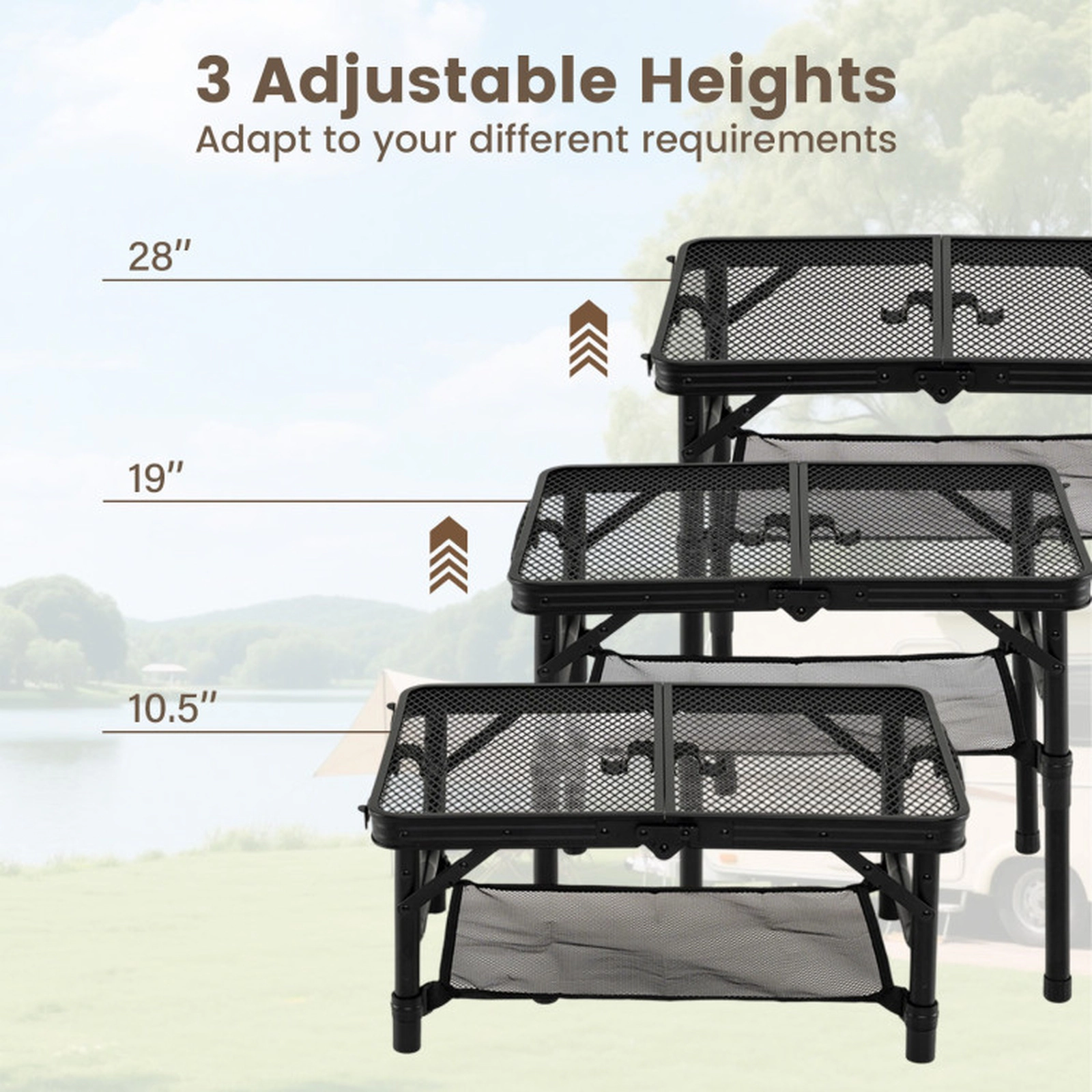 SUGIFT Black 90-lb Capacity 3-Height Adjustable Folding Aluminum Camping Table with Mesh Top and Storage Net