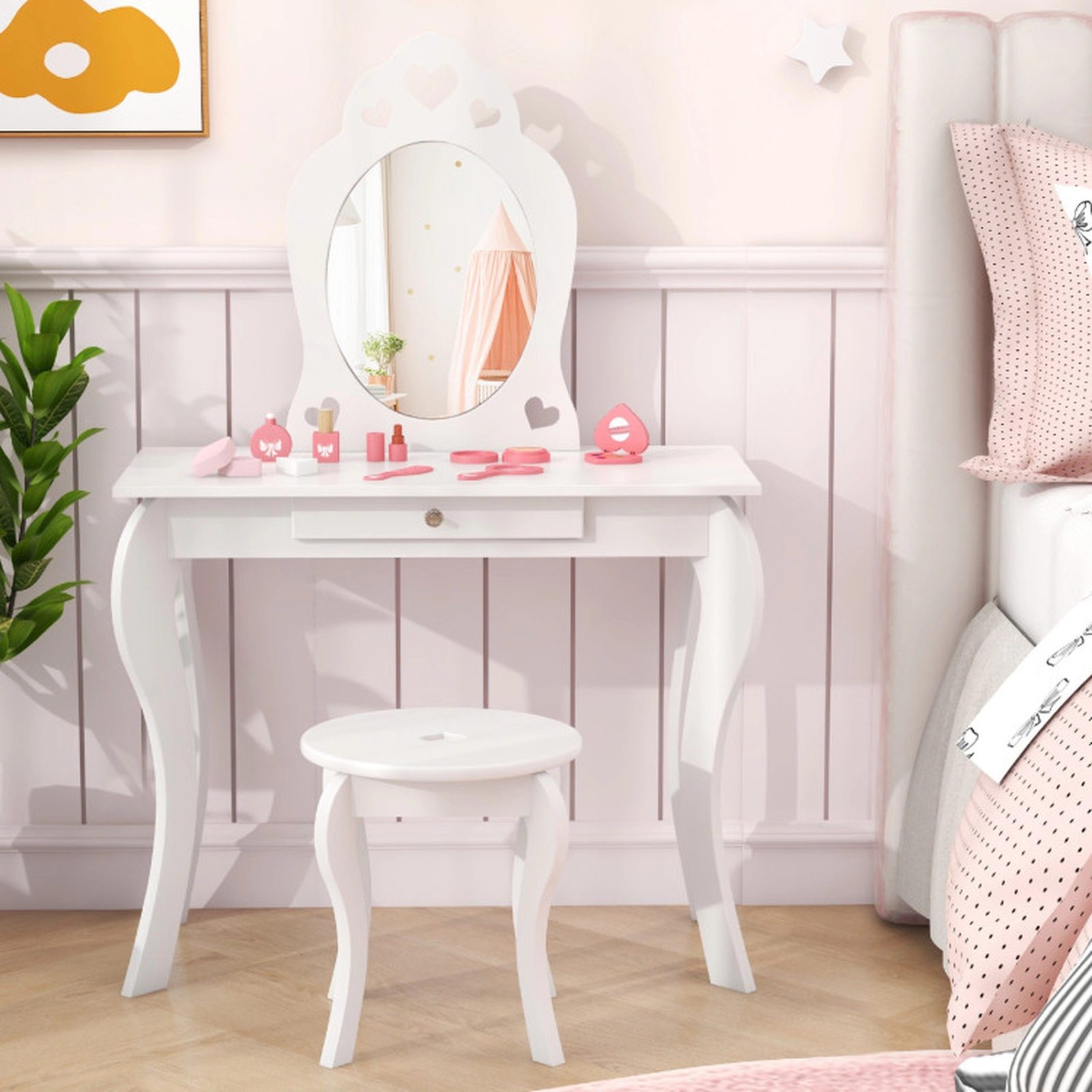 SUGIFT Kids Princess Makeup Dressing Vanity Table and Stool Set with Mirror 66-lb Stool Capacity Pink/White