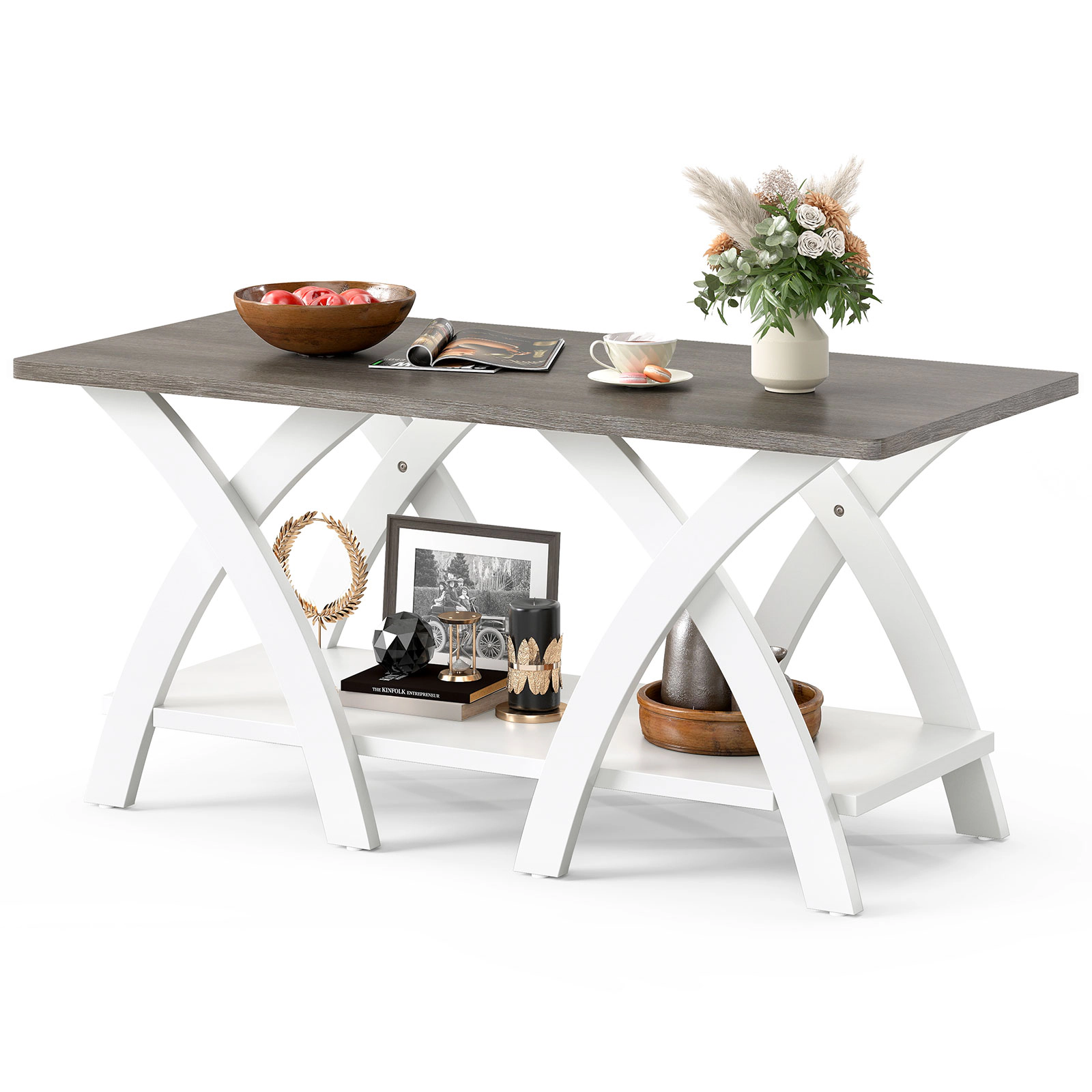 SUGIFT 2-Tier X-Shaped Legs Rubber Wood Farmhouse Coffee Table 40-in x 19-in x 18.5-in 155-lb Capacity Gray