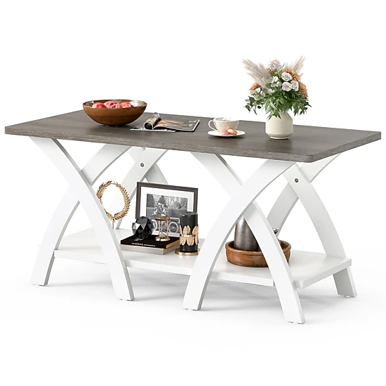 SUGIFT 2 Tier MDF Rubber Wood X Frame Open Shelf Farmhouse Coffee Table In Gray