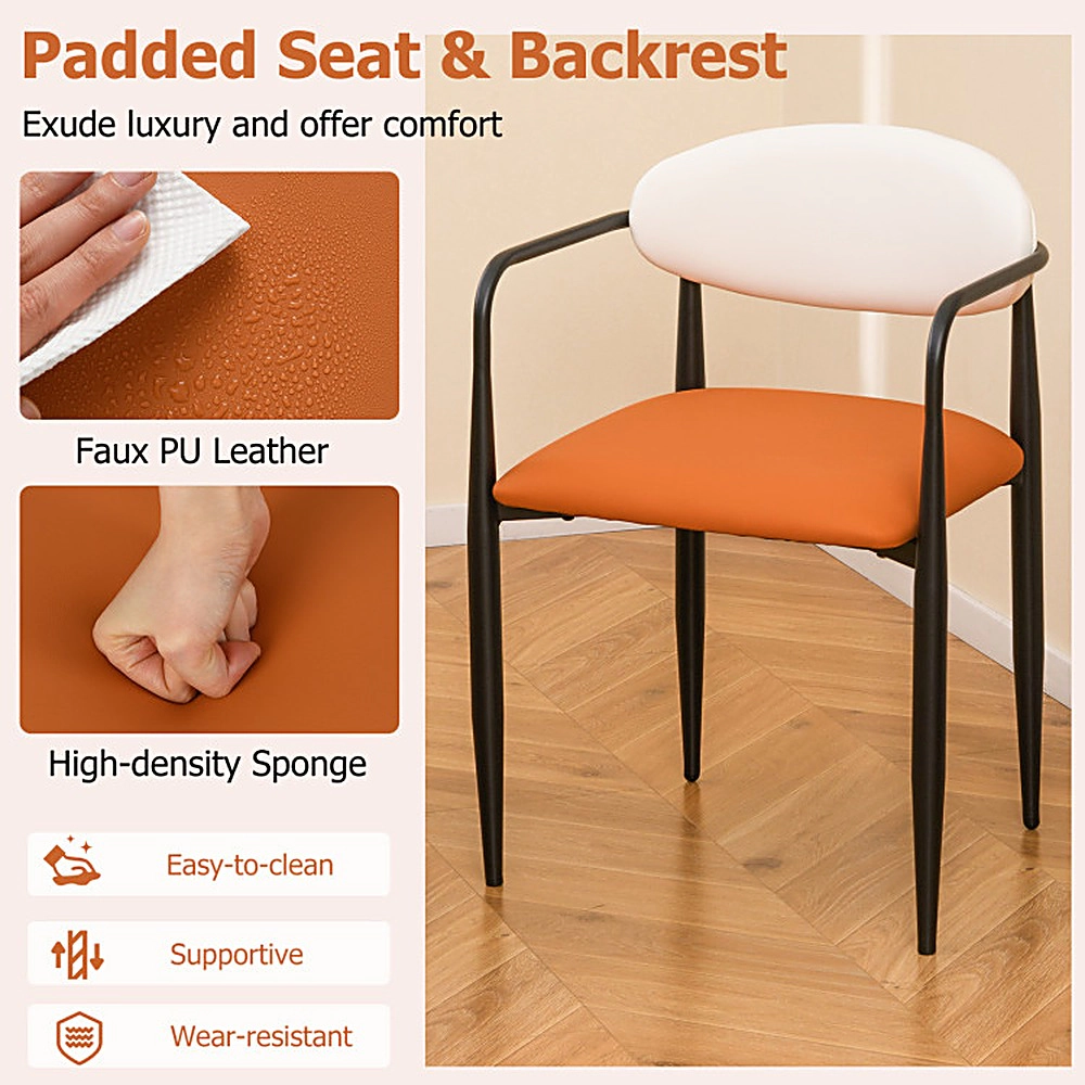 SUGIFT Set of 2 White Faux Leather Dining Chairs with Armrests and Metal Frame