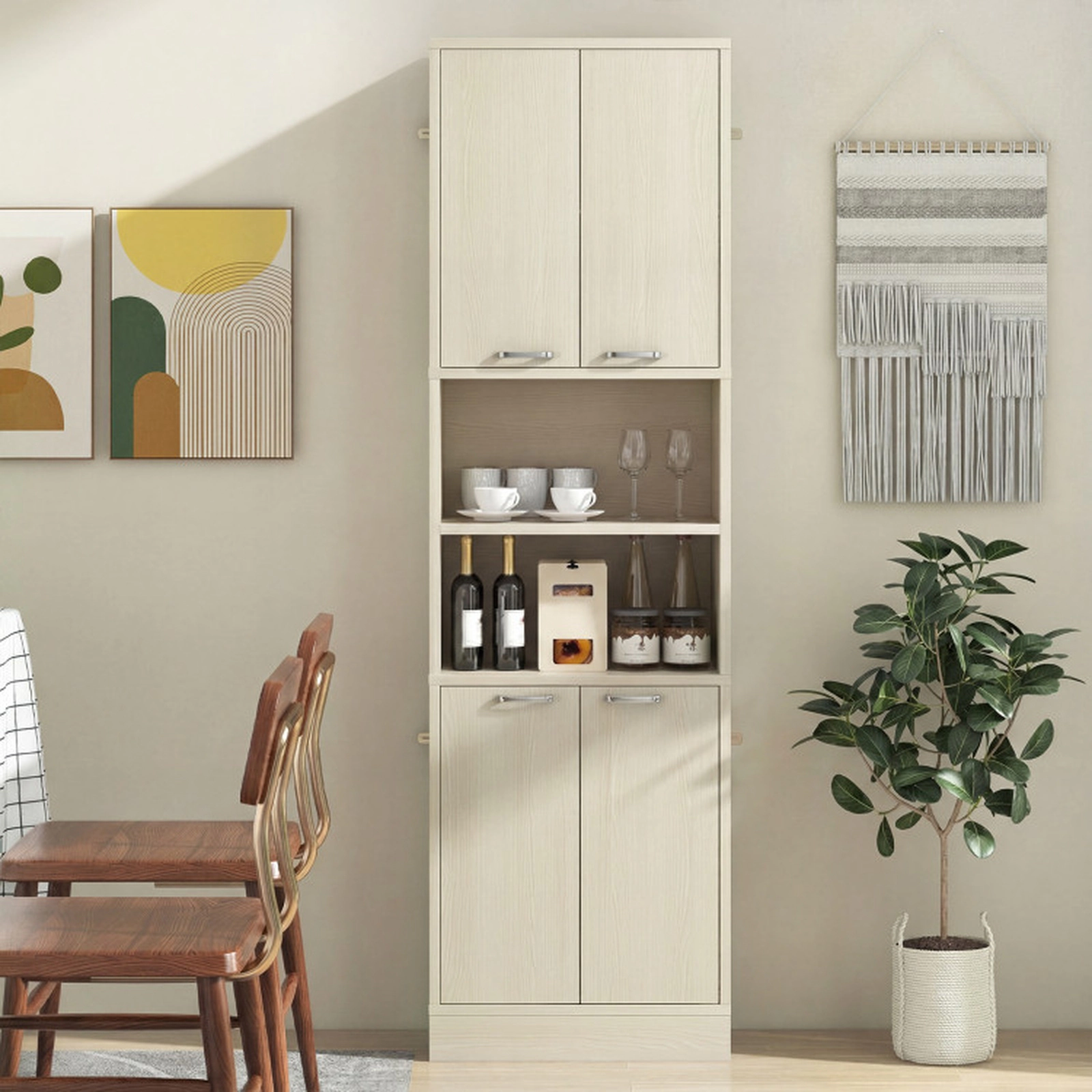 SUGIFT 75-in Tall 2 Cabinets 2 Open Shelves Kitchen Pantry Storage Cabinet 22-in x 12-in 300-lb Capacity Beige