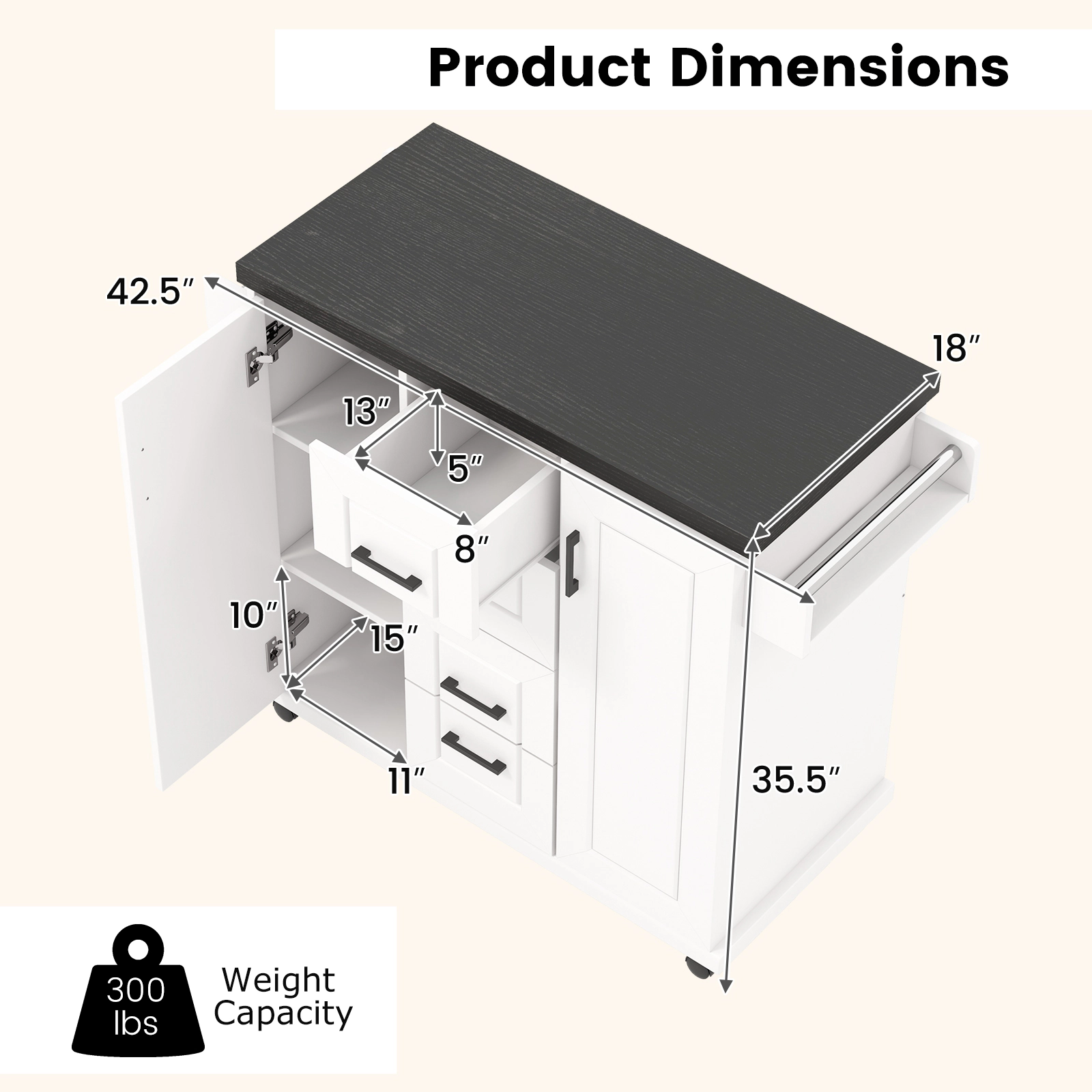 SUGIFT Rolling Kitchen Island White with 4 Drawers 2 Cabinets Spice Rack and Towel Rack