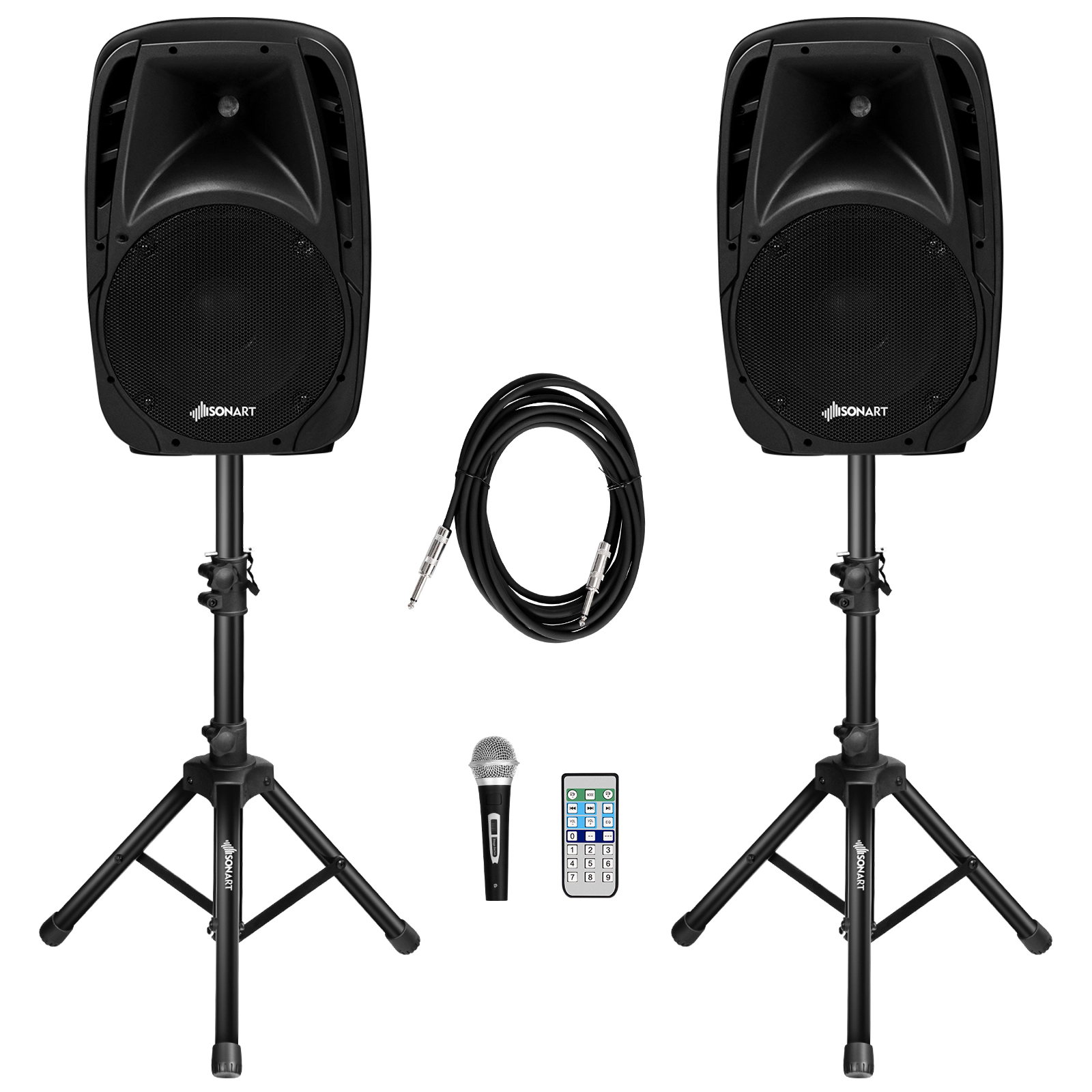 SUGIFT Dual 10-Inch 1600W Powered PA Speaker System with Bluetooth, Microphone and Tripods